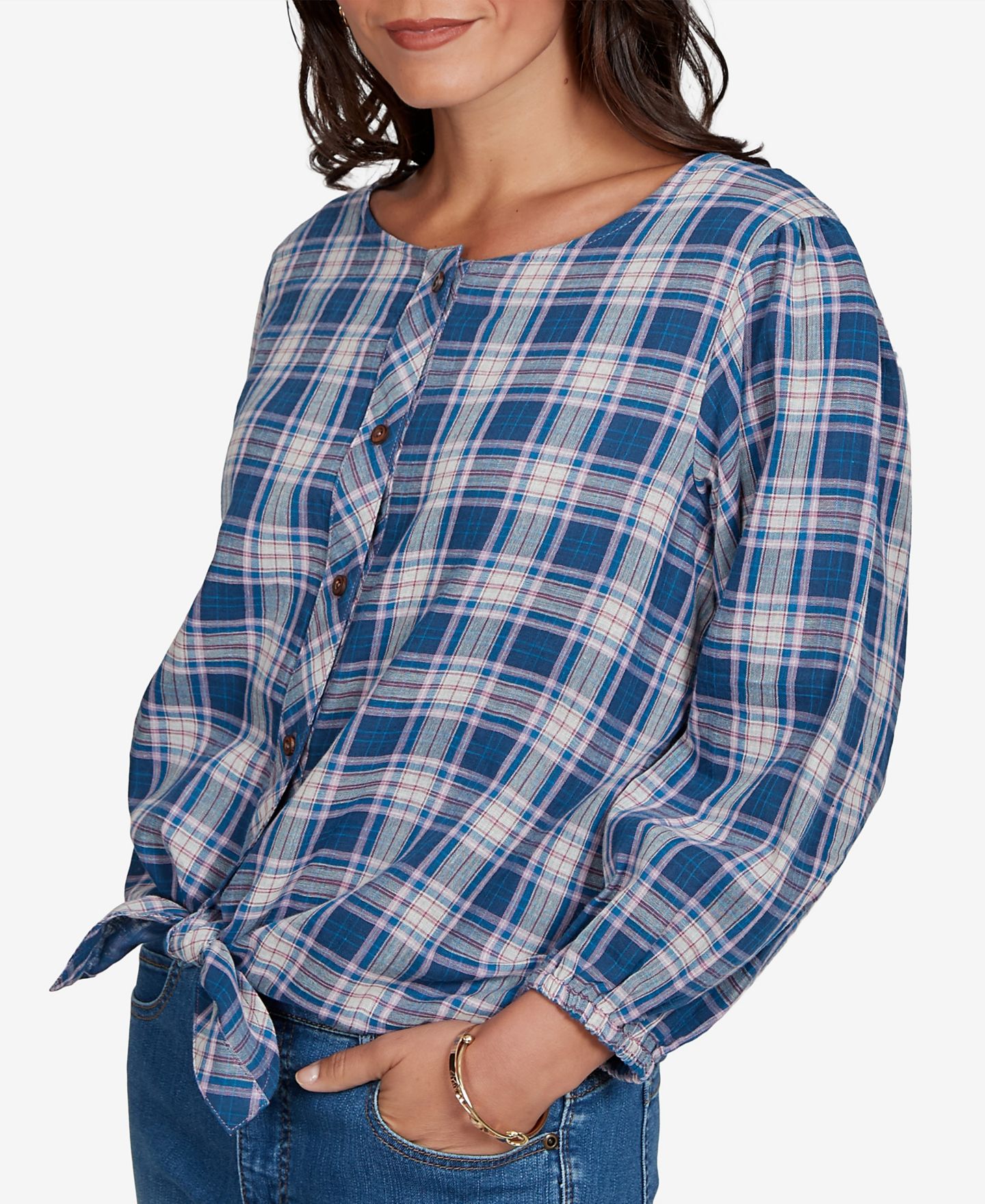 Женский топ Ruby Rd. Petite Homestead Plaid 3/4-Sleeve Button-Front, цвет: Разноцветный — фото 4