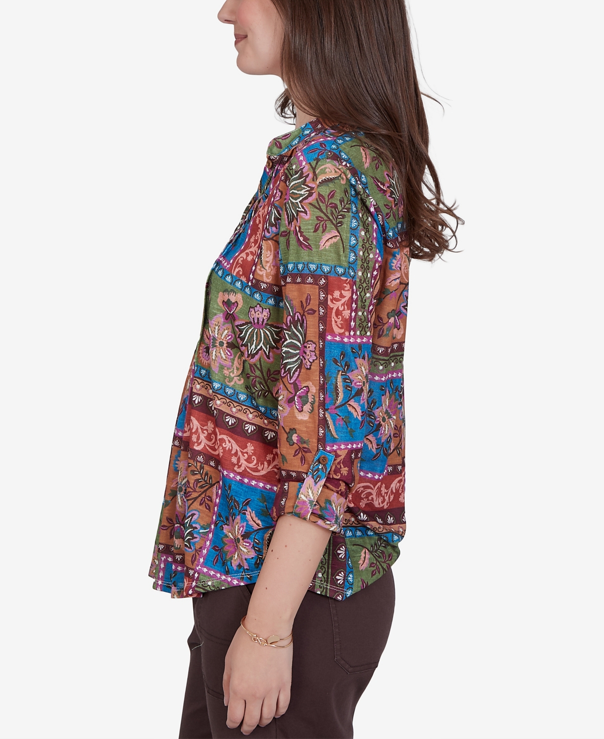 Ruby Rd. Petite Tapestry Top 3/4-sleeve Floral-print Button-front Blouse In Multi
