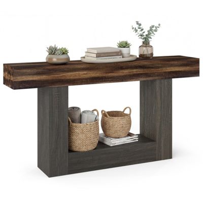 2-Tier Farmhouse Console Table 63 Inch Long Slim Sofa Table with Storage Shelf