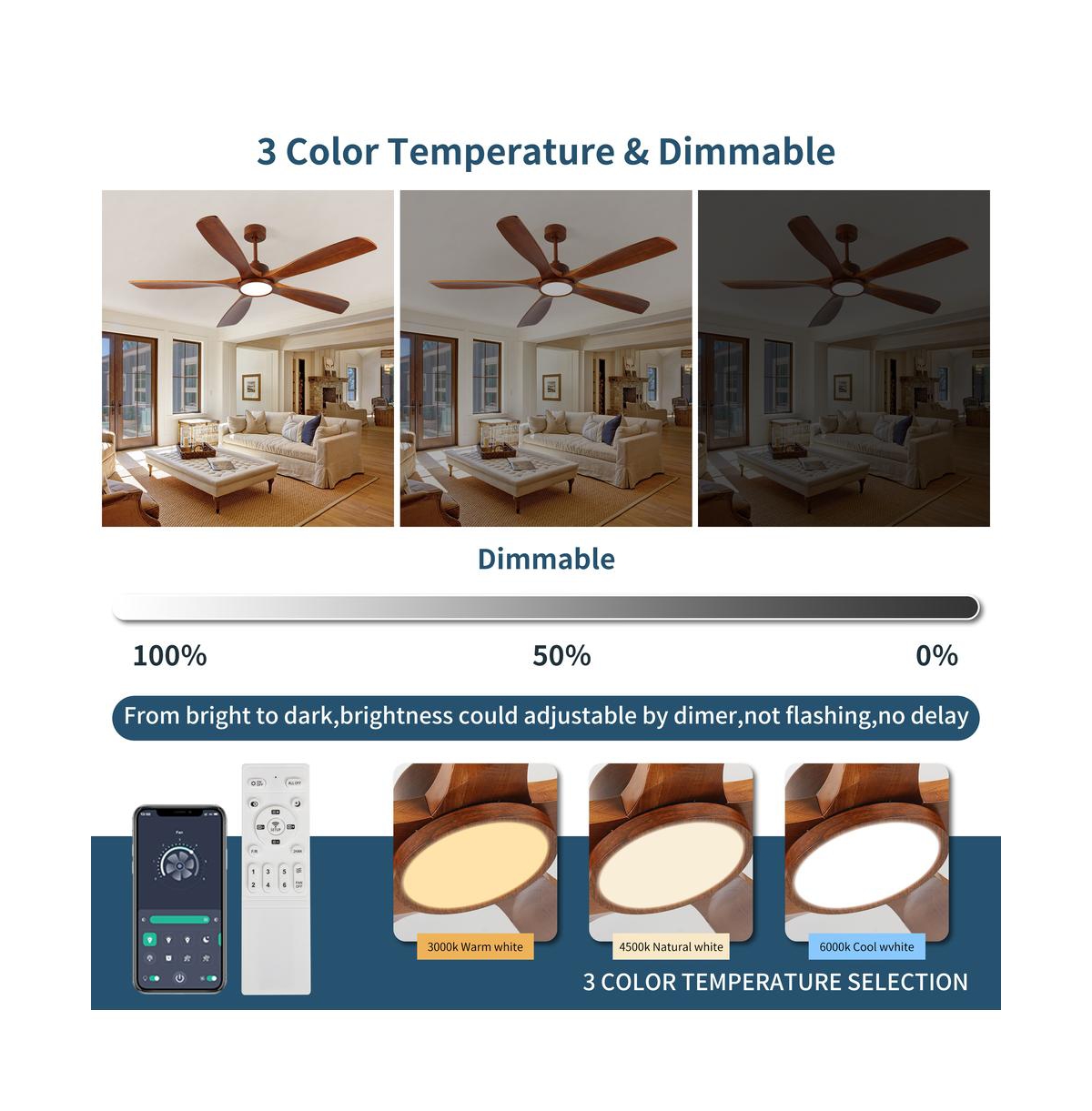 Sofucor 60-in Modern Natural Wood Downrod Ceiling Fans with Lights and Remote Control Included 5-Blade