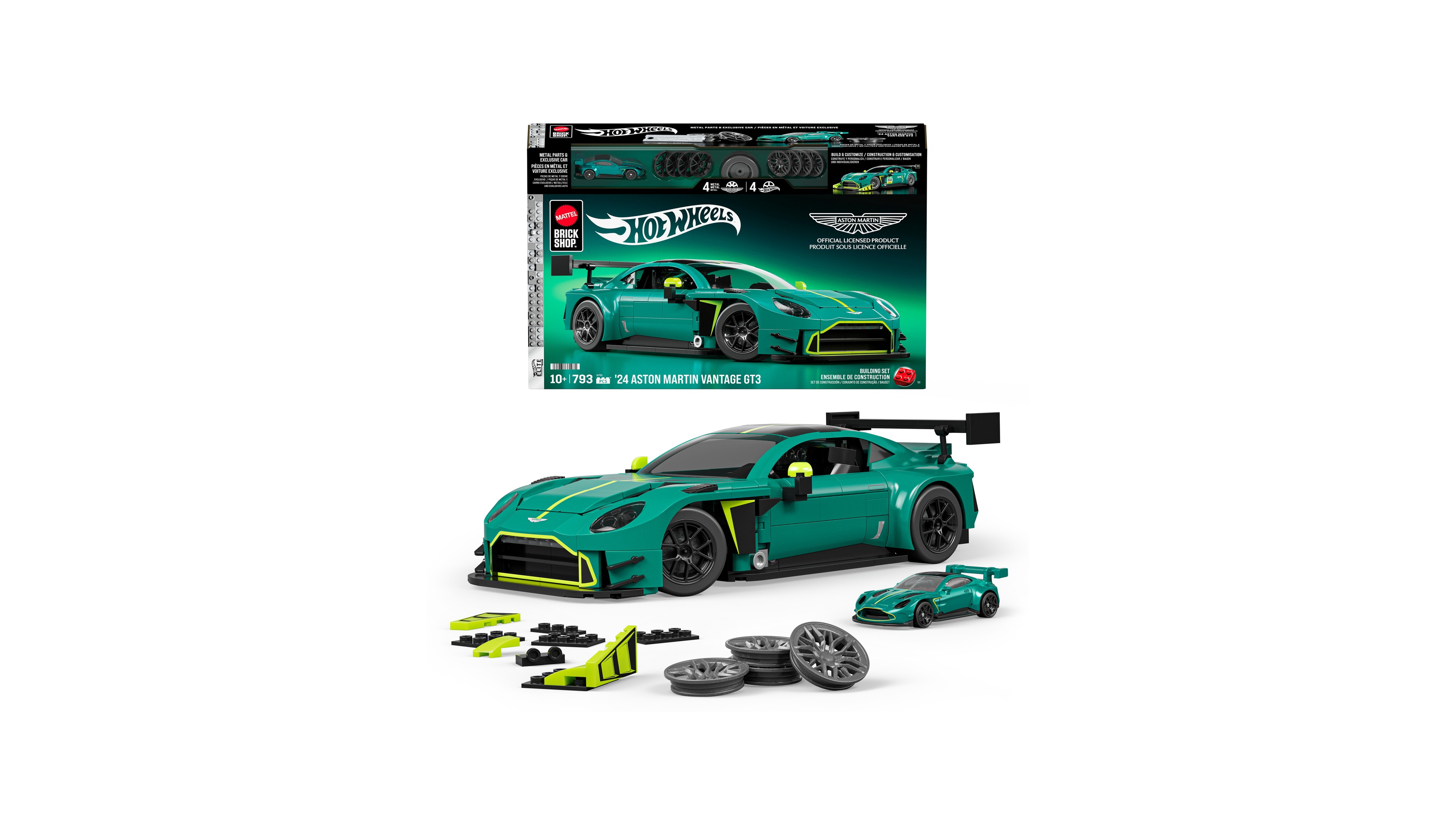 Mattel Brick Shop Hot Wheels '24 Aston Martin Vantage GT3 793-Piece Building Set, Ages 10+