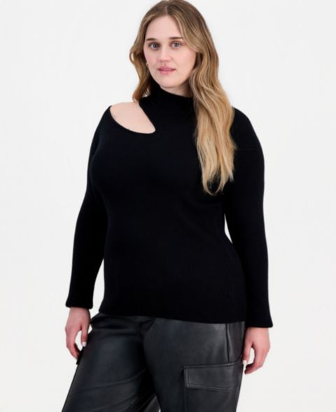 Женский топ FULL CIRCLE TRENDS Plus Size Long-Sleeve Mock-Neck Cutout, цвет: Чёрный