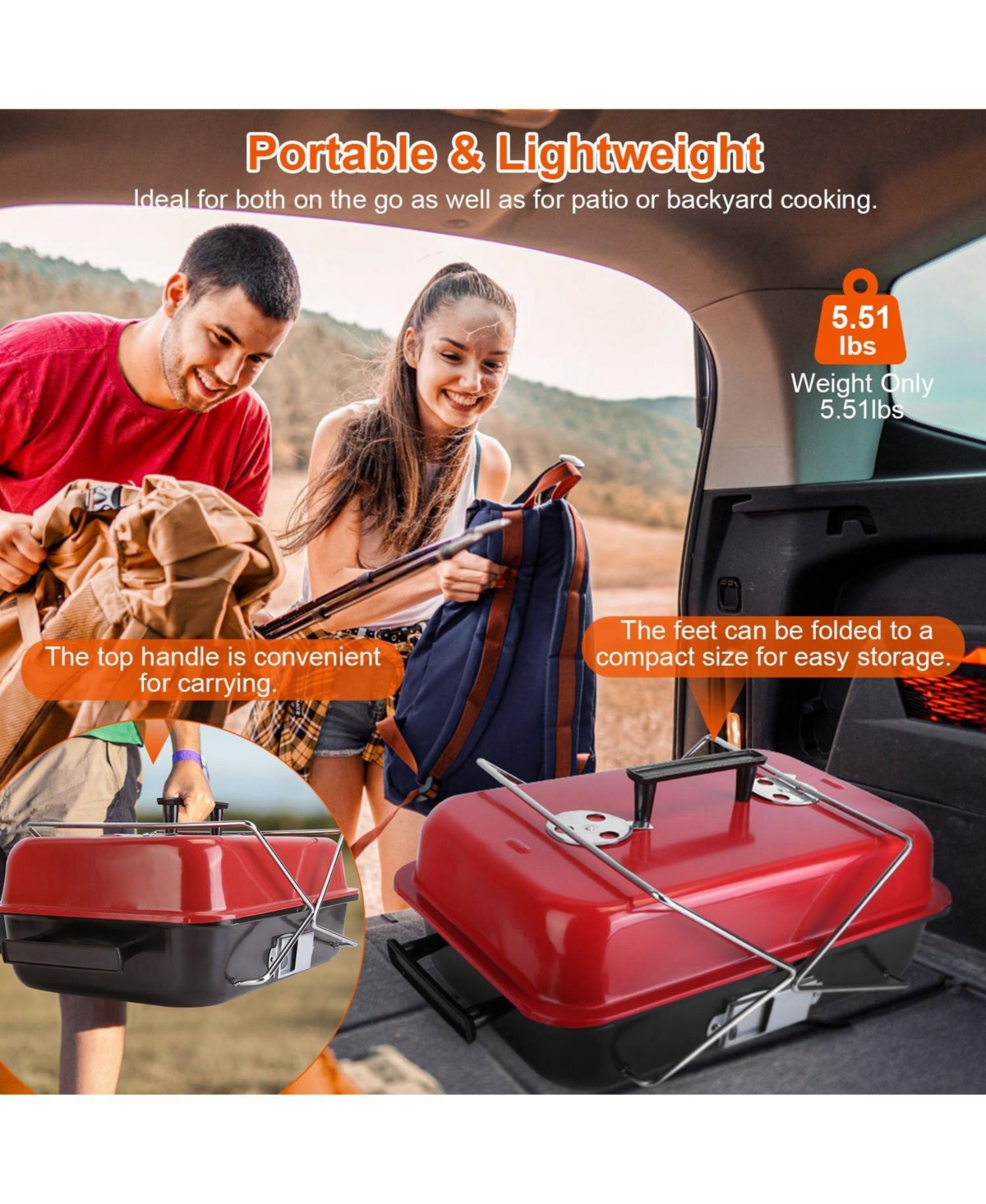 Mountaintop Portable Barbecue Smoker Charcoal Grill Outdoor Tabletop Grill Small Folding with Lid for Backyard Camping Picnics Beach