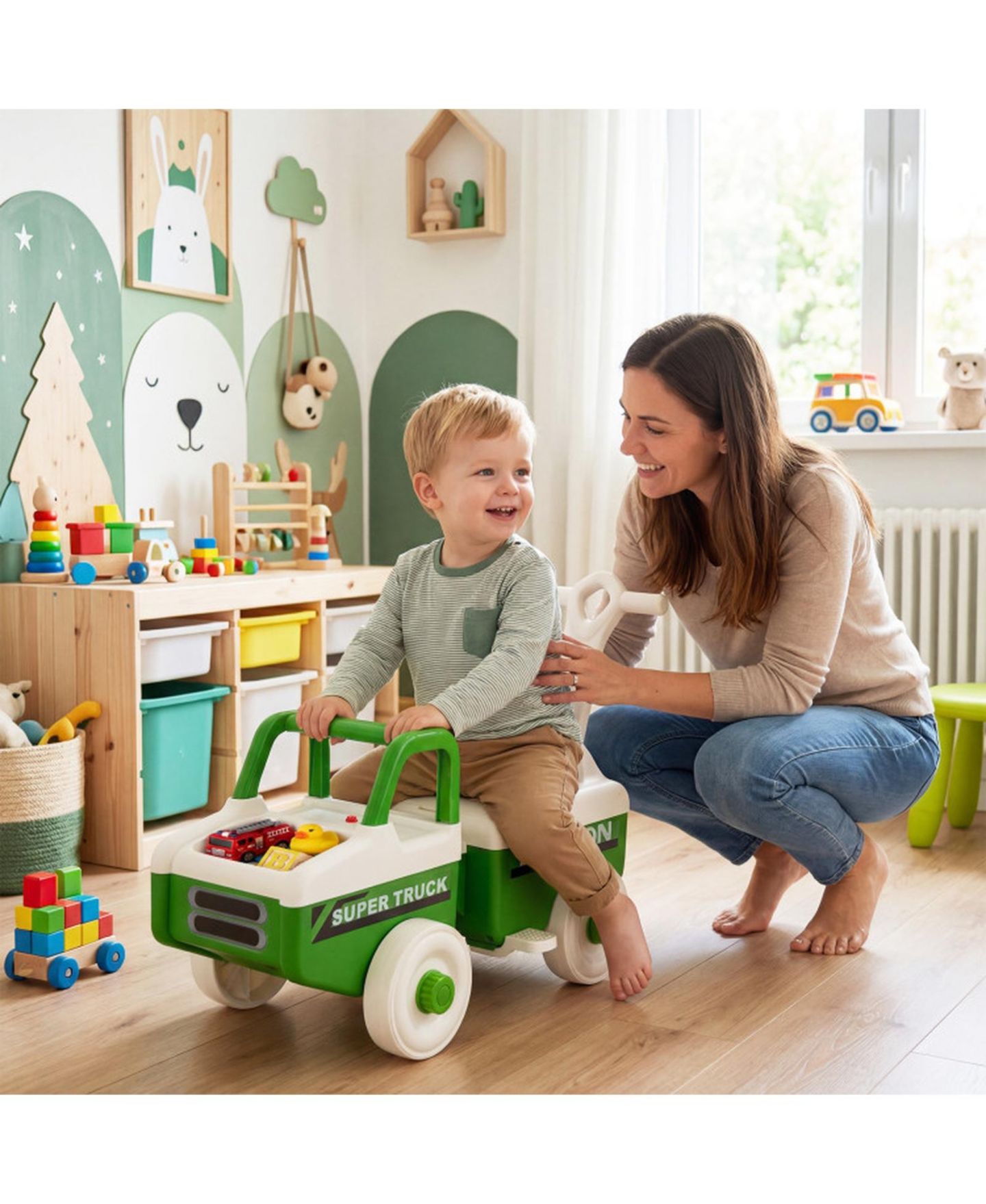 Детская игрушка HONGGE 4-in-1 Kids Ride-On Push Car with Music Trailer and Under-Seat Storage Ages 1.5-5, цвет: Зелёный — фото 2