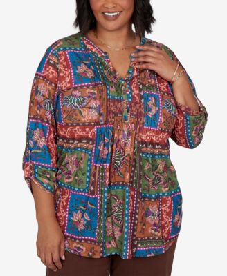 Plus Size Tapestry Floral 3/4-Sleeve Blouse