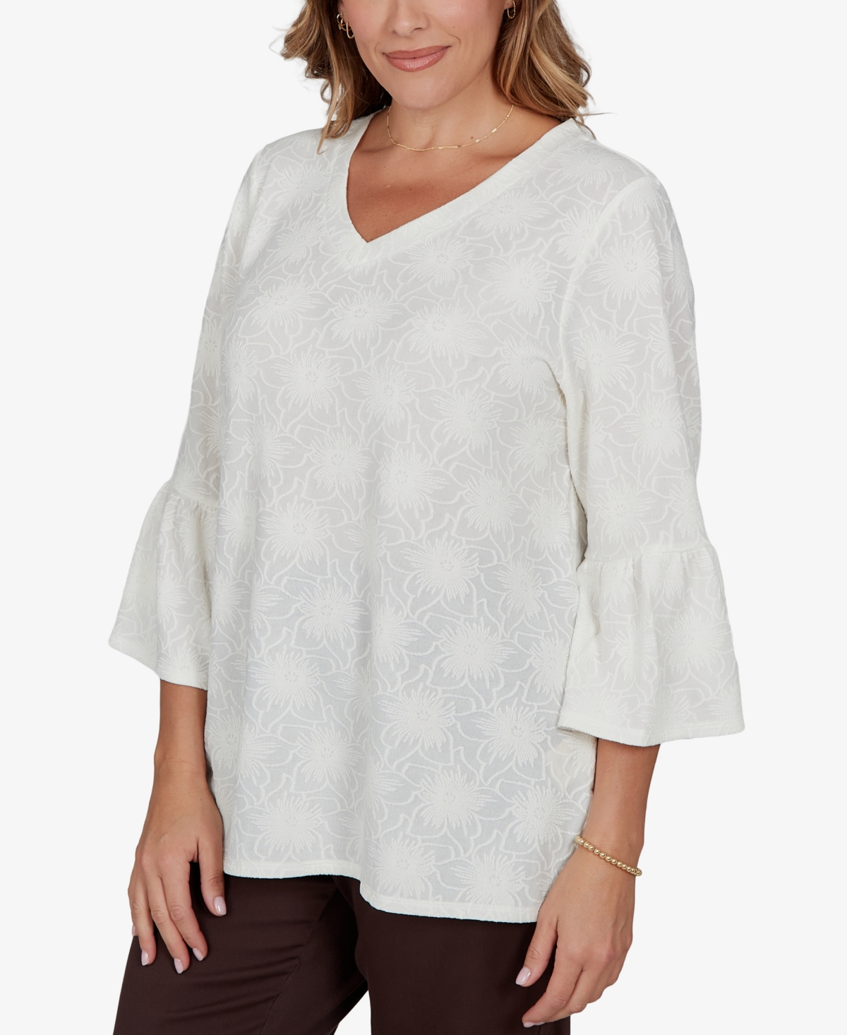Ruby Rd. Plus Size V-neck Floral Bell-sleeve Blouse In White