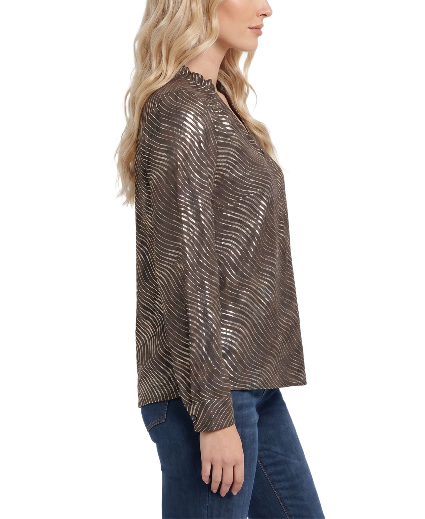 Женская блузка NY Collection Petite Metallic Ruched-Shoulder Long-Sleeve V-Neck, цвет: Коричневый серебряный — фото 2