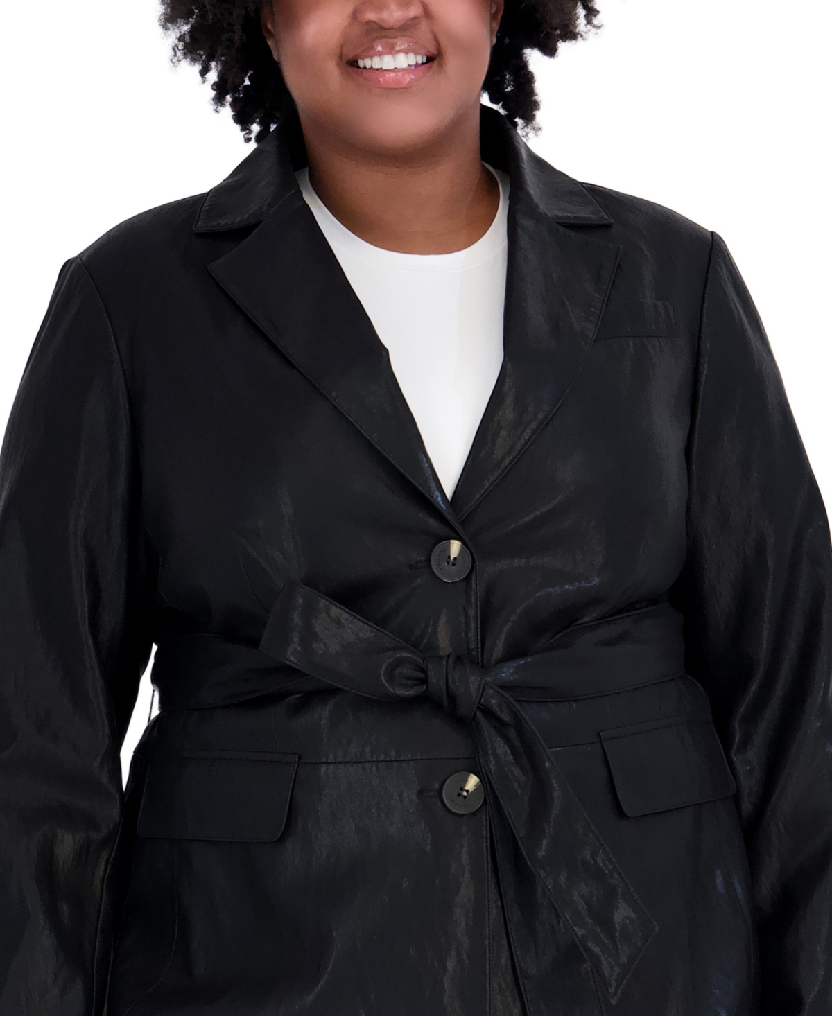 Tahari Plus Belted Faux Leather Trench Coat