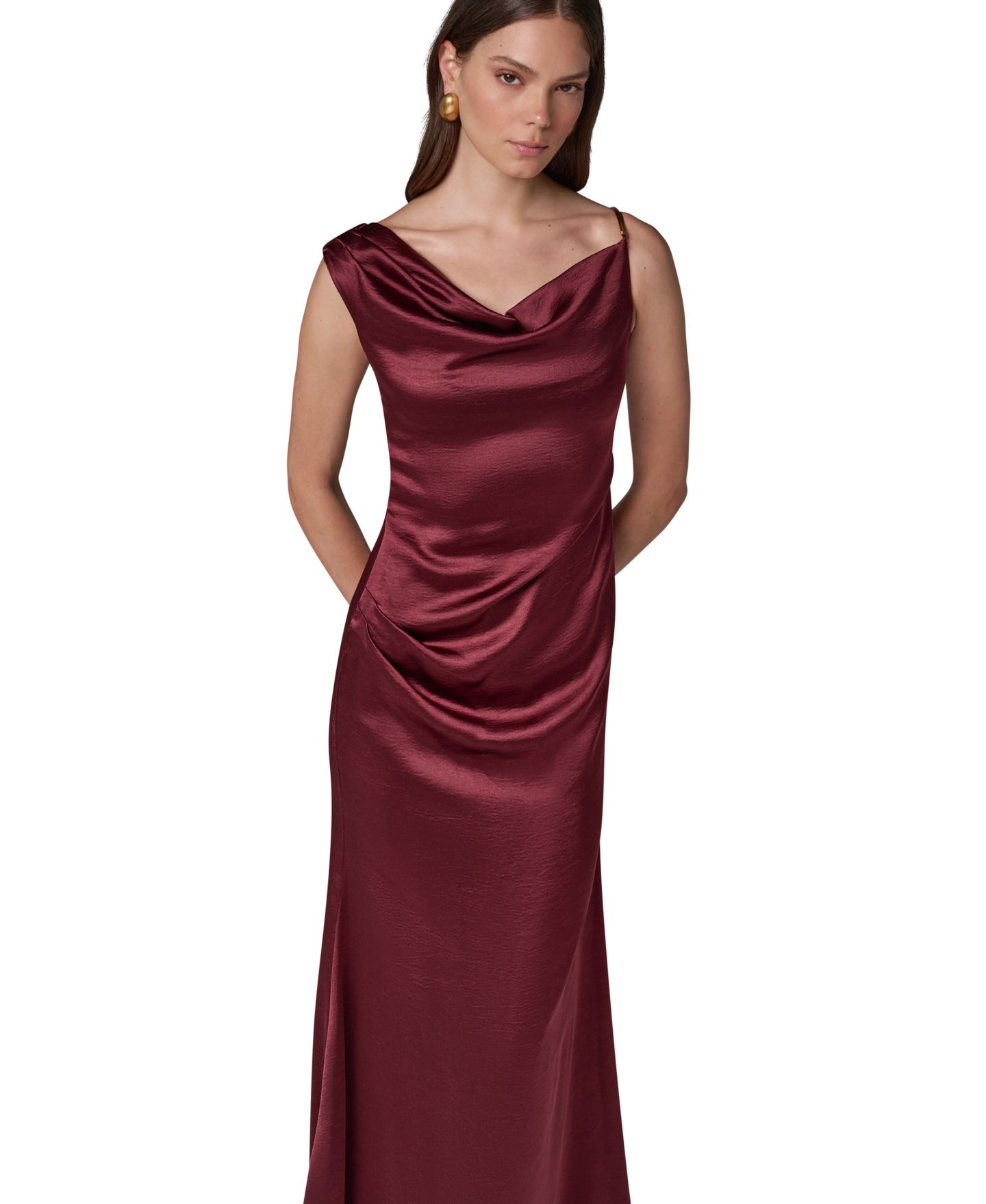 Женское платье Donna Karan New York Sleeveless Asymmetric Cowl-Neck Satin Maxi, цвет: Чёрный вишнёвый — фото 2
