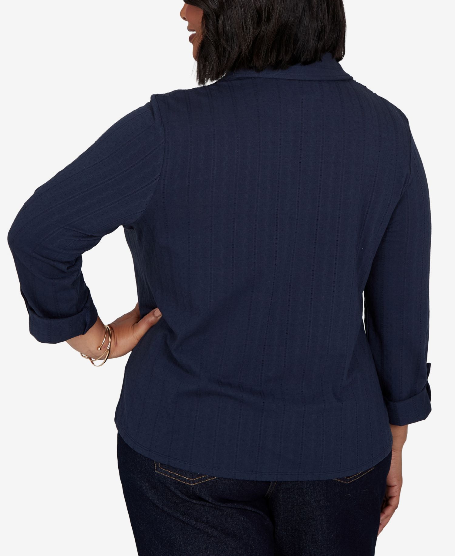 Plus Size Striped Roll-Tab Button-Front Blouse