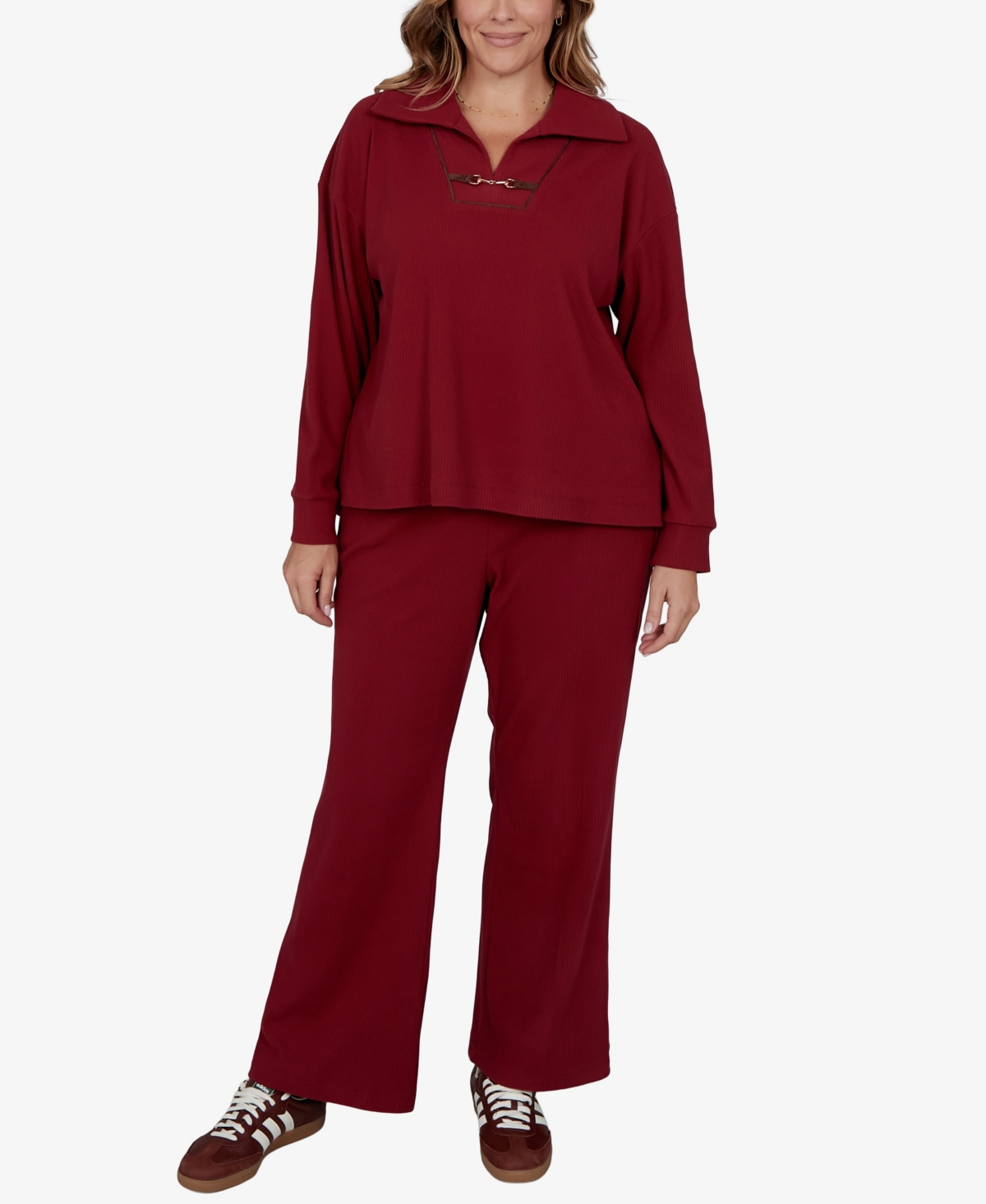Ruby Rd. Plus Size Collared Long-sleeve Ribbed Top In Red