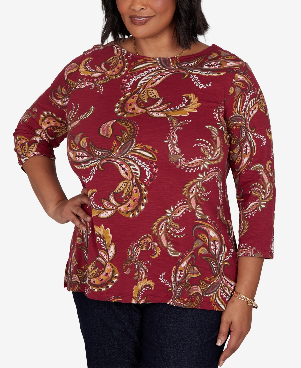 Ruby Rd. Plus Size Paisley 3/4-sleeve Boat-neck T-shirt In Red