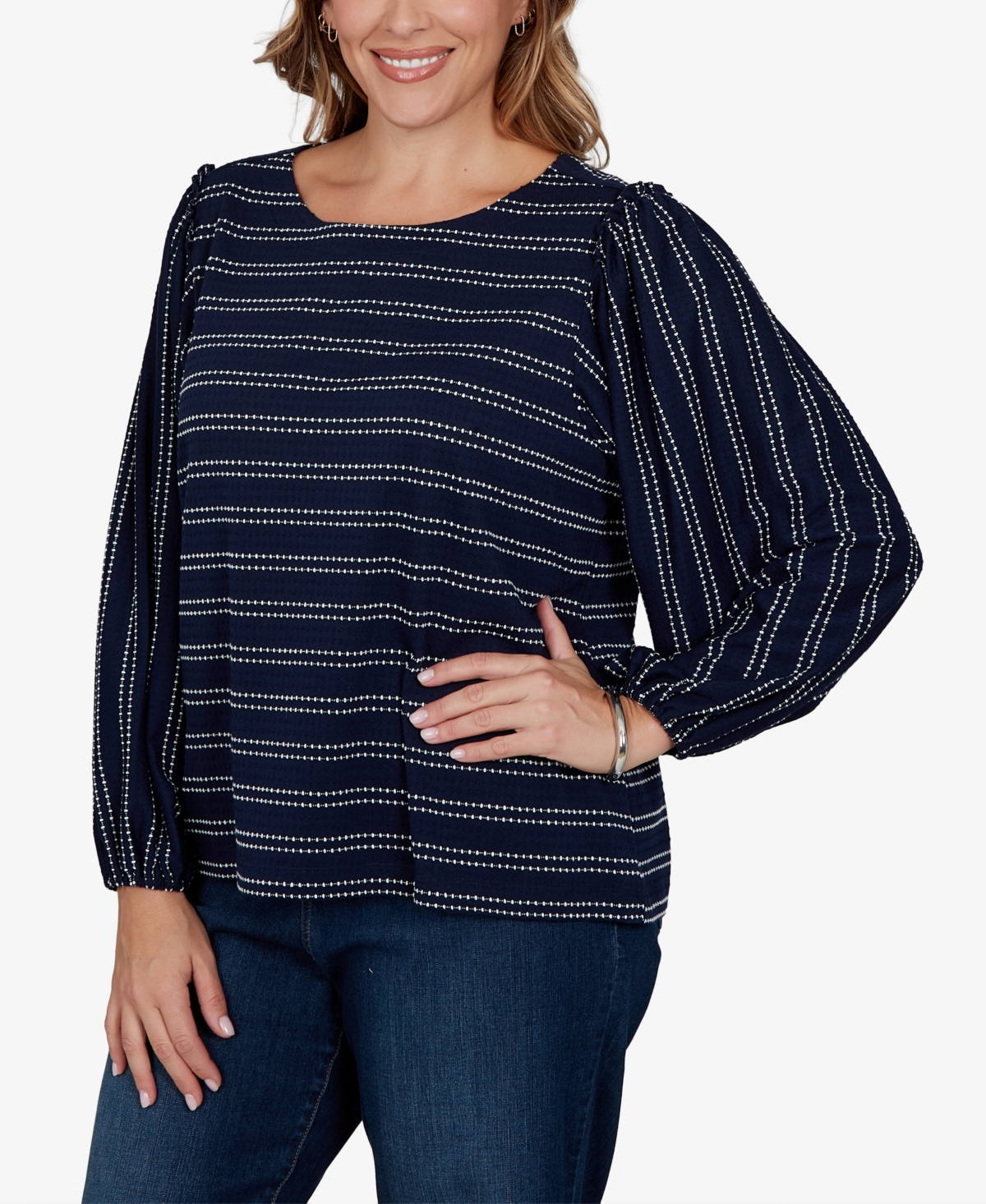Ruby Rd. Plus Size Dobby Stripe Long-sleeve Boat Neck Blouse In Blue