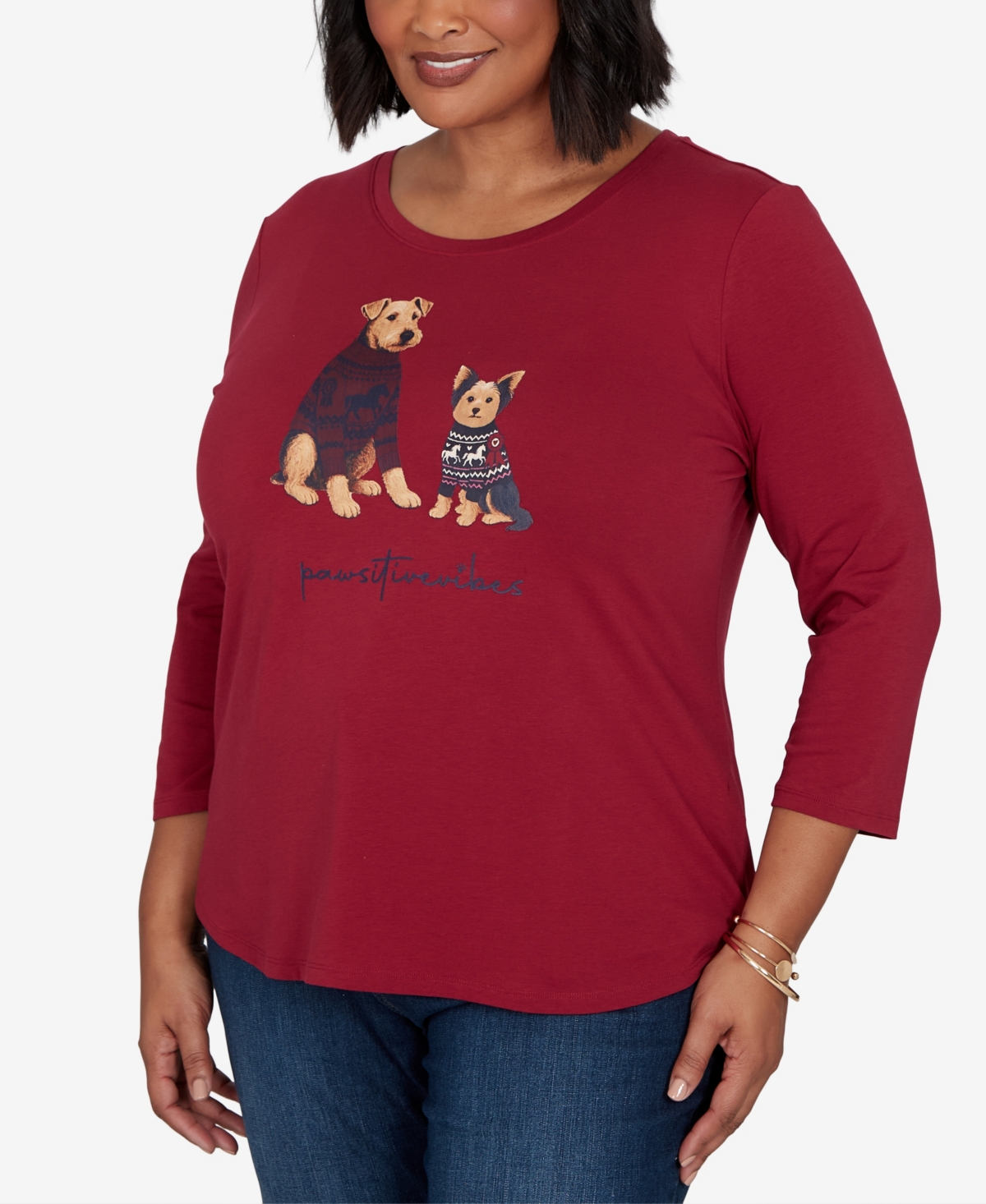 Ruby Rd. Plus Size Pawsitive Boat Neck 3/4-sleeve Graphic T-shirt In Red
