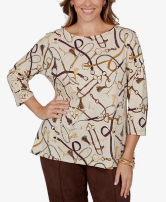 Plus Size Equestrian Boat Neck 3/4-Sleeve Top