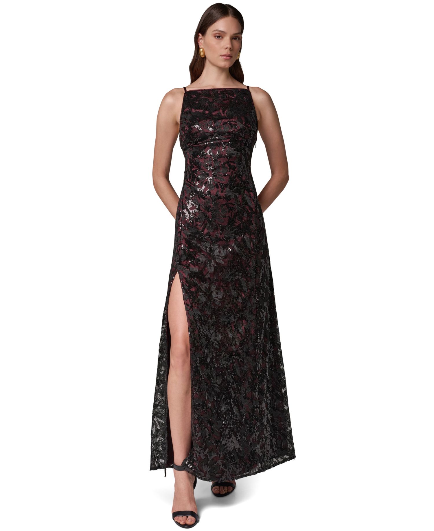 Women's Sleeveless Sequin-Embroidered Low V-Back Gown