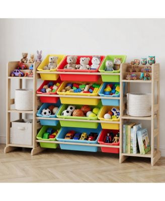 Kids Toy Storage Organizer 52.3" Wide Solid Wood Bookshelf Cabinet with 12 Removable Bins and 6 Shelves Cubby Storage