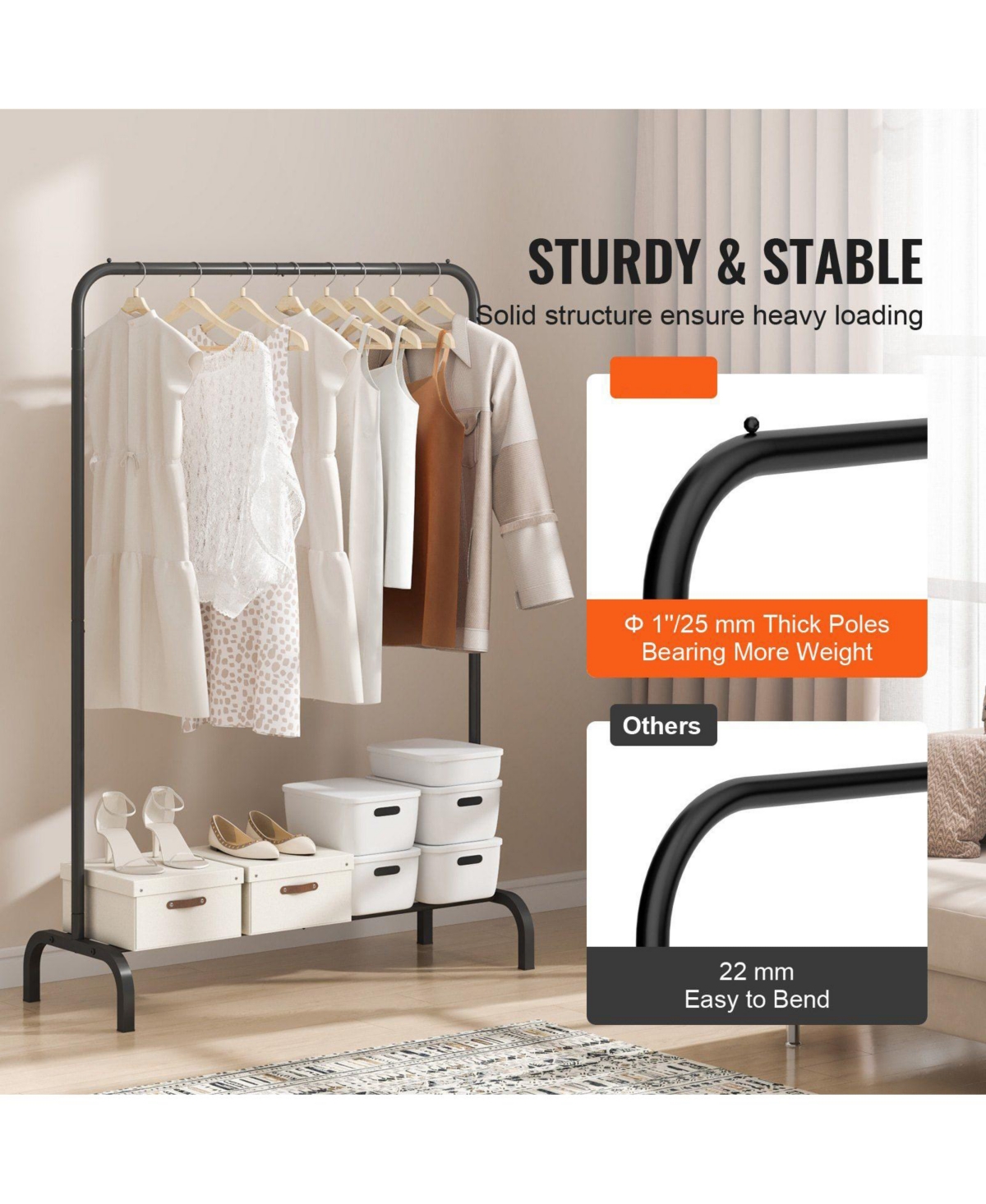 Slickblue Freestanding Clothing Rack with Hanging Rod and Storage Shelf for Bedroom and Laundry Room
