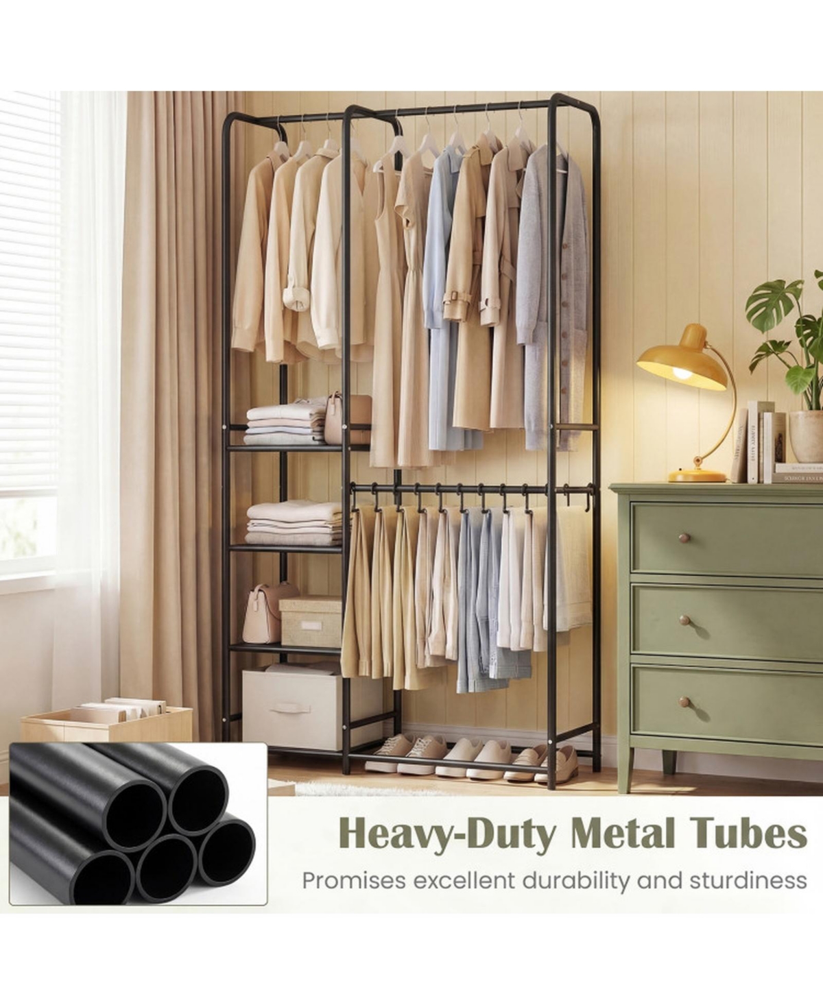 Sugift Portable Closet with Pants Hangers 2 Hanging Rods and 4 Storage Shelves Freestanding Wardrobe Rack