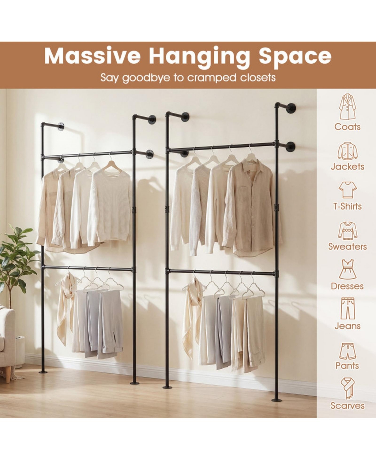 Sugift Wall Mounted Pipe Clothing Rack with 2 Hanging Rods Industrial Double Tier Garment Display