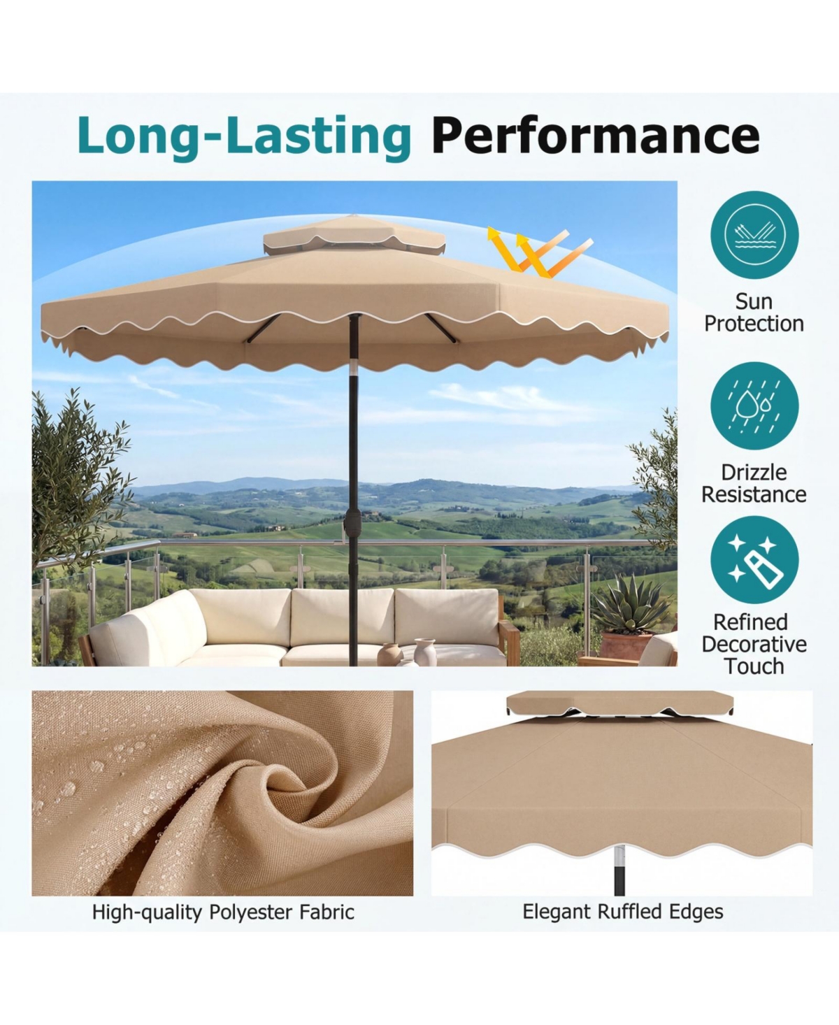 Sugift Outdoor Patio Umbrella with Push Button Tilt Crank Lift and Vented Top