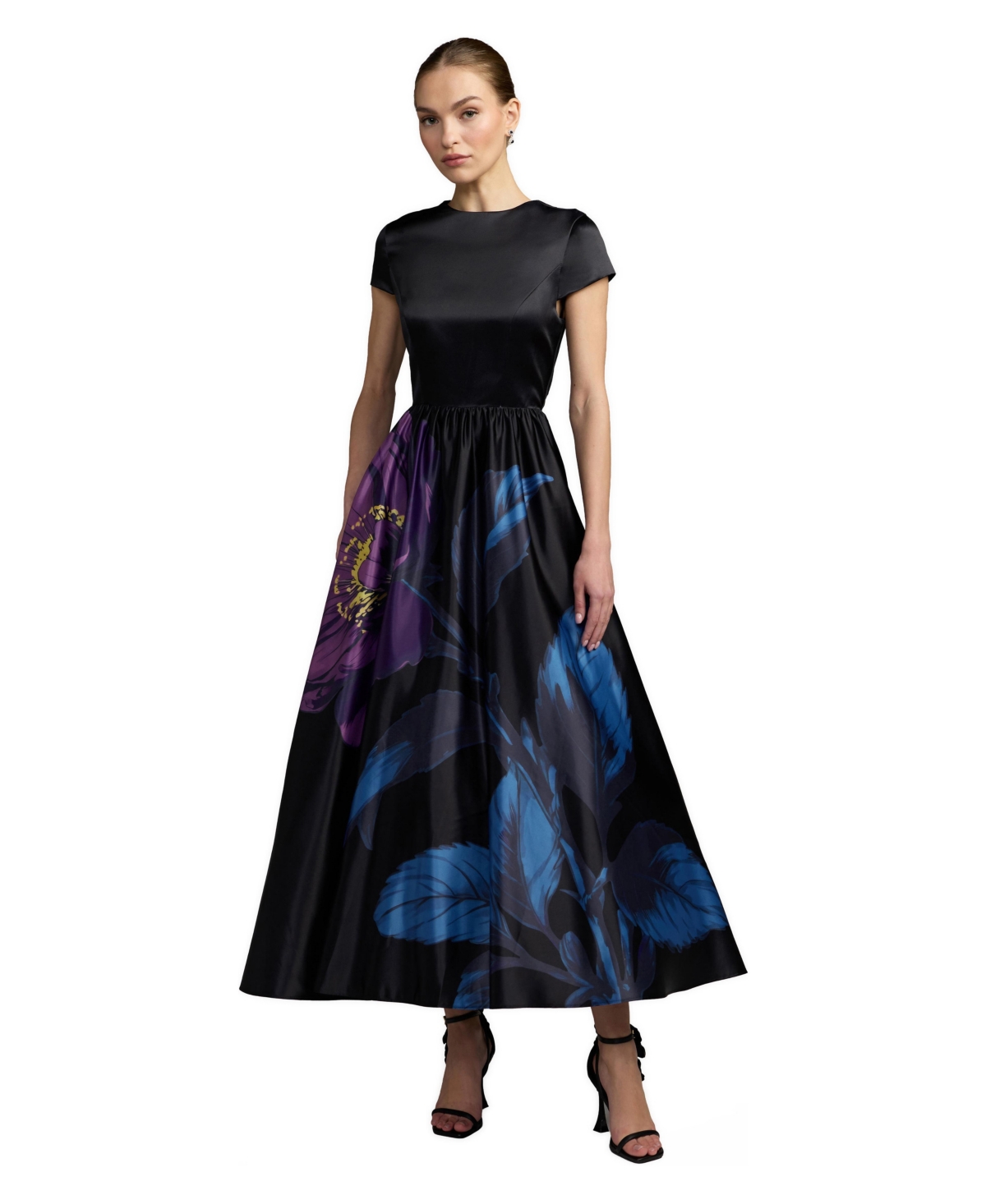 Ieena for Mac Duggal - Black Satin Cap Sleeve Floral Printed A-Line Dress - Black Multi / US 6