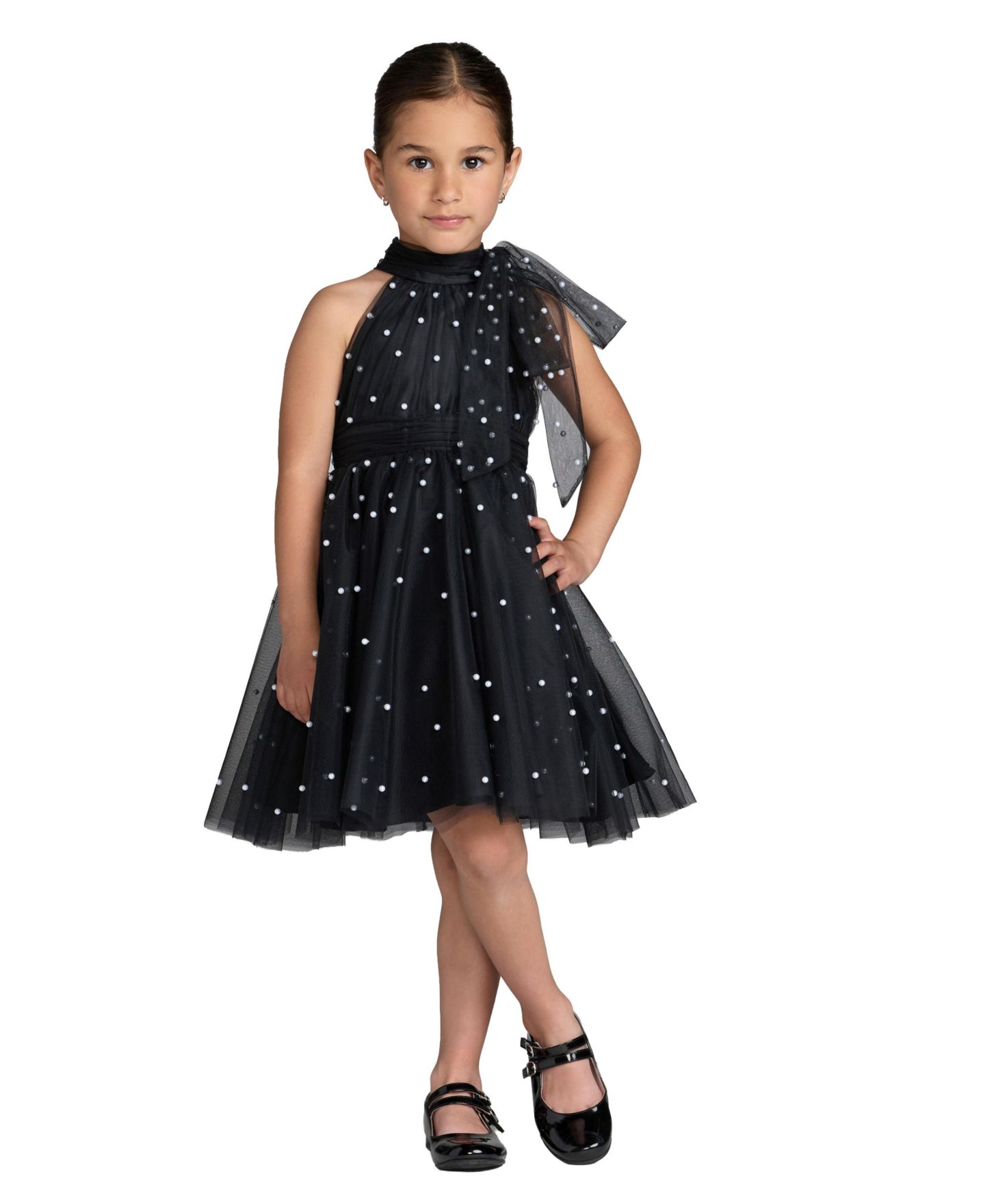 Платье Mac Duggal Pearl Embellished Tulle Fit and Flare Dress для девочек, цвет: Чёрная слоновая кость — фото 1