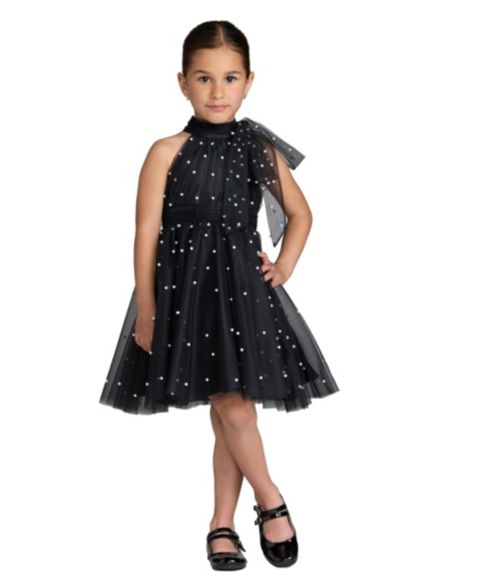 Платье Mac Duggal Pearl Embellished Tulle Fit and Flare Dress для девочек, цвет: Чёрная слоновая кость