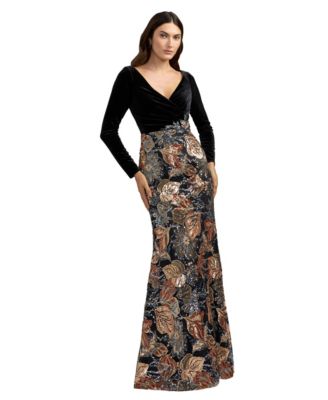 Women's V-Neck Long-Sleeve Floral-Embroidered Velvet Gown