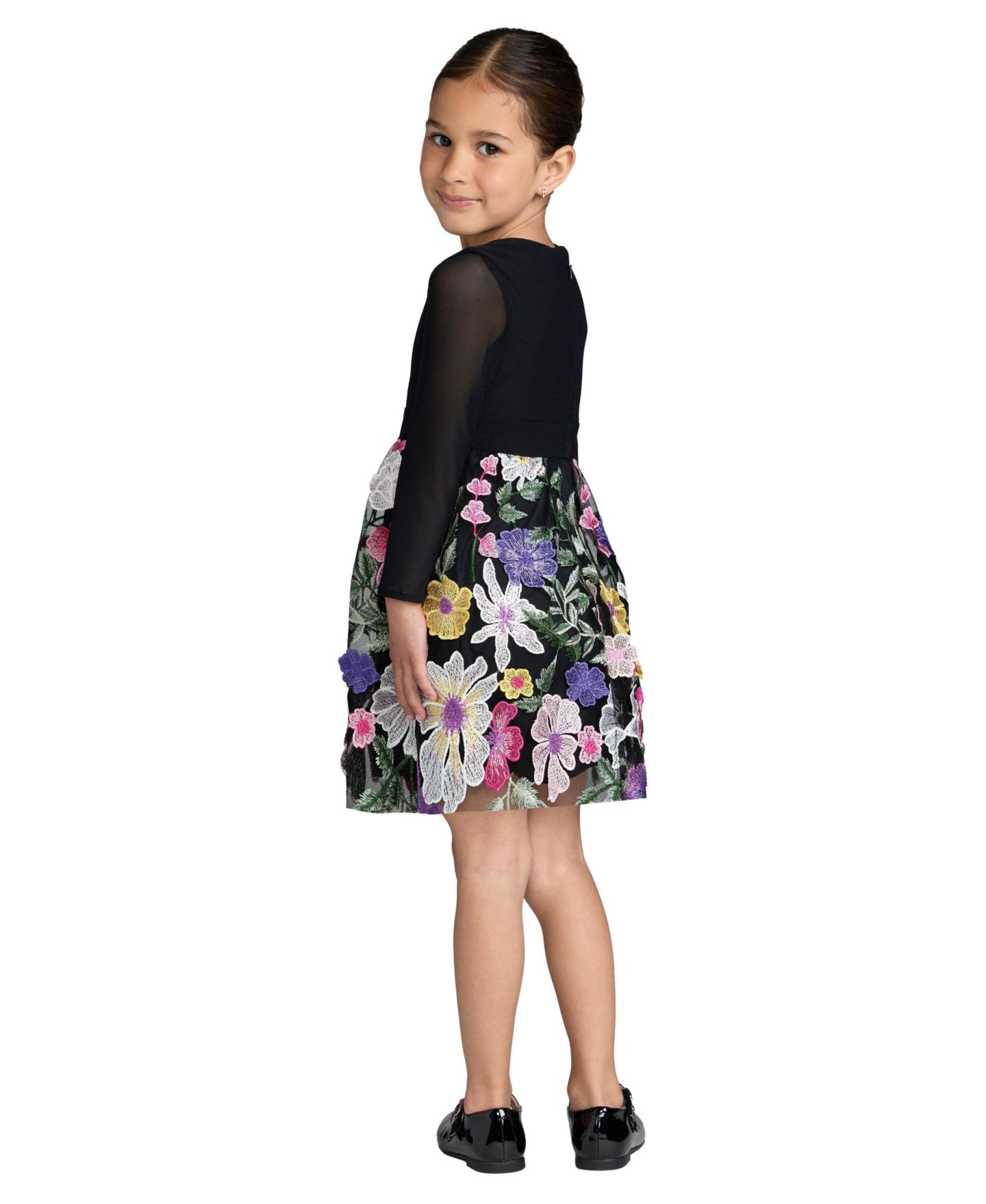 Платье Mac Duggal Floral Embroidered Long Sleeve Dress для девочек, цвет: Чёрный разноцветный — фото 2
