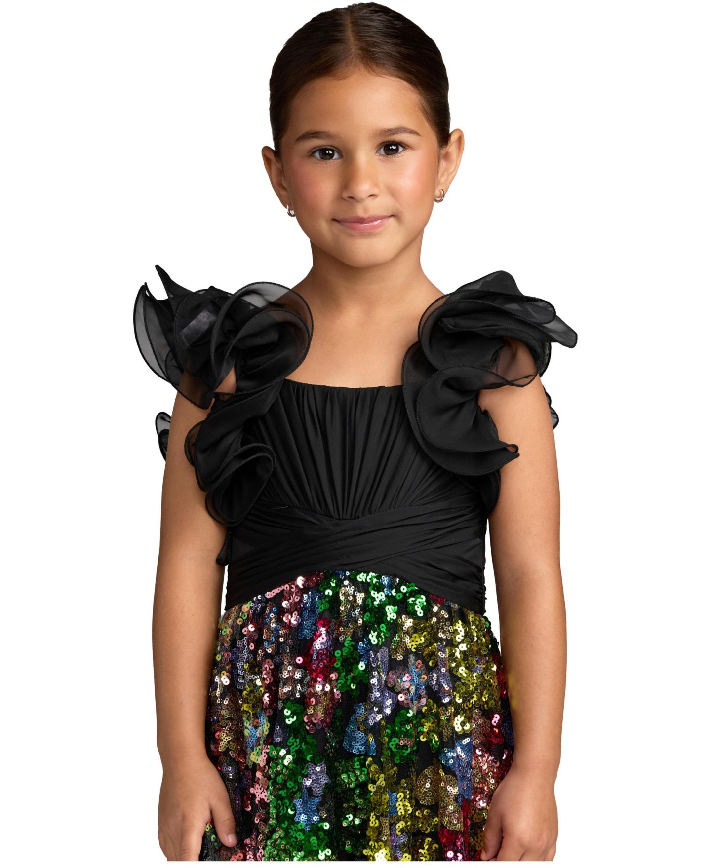 Платье Mac Duggal Sequin Floral Maxi Dress with Ruffle Sleeves для девочек, цвет: Чёрный разноцветный — фото 3