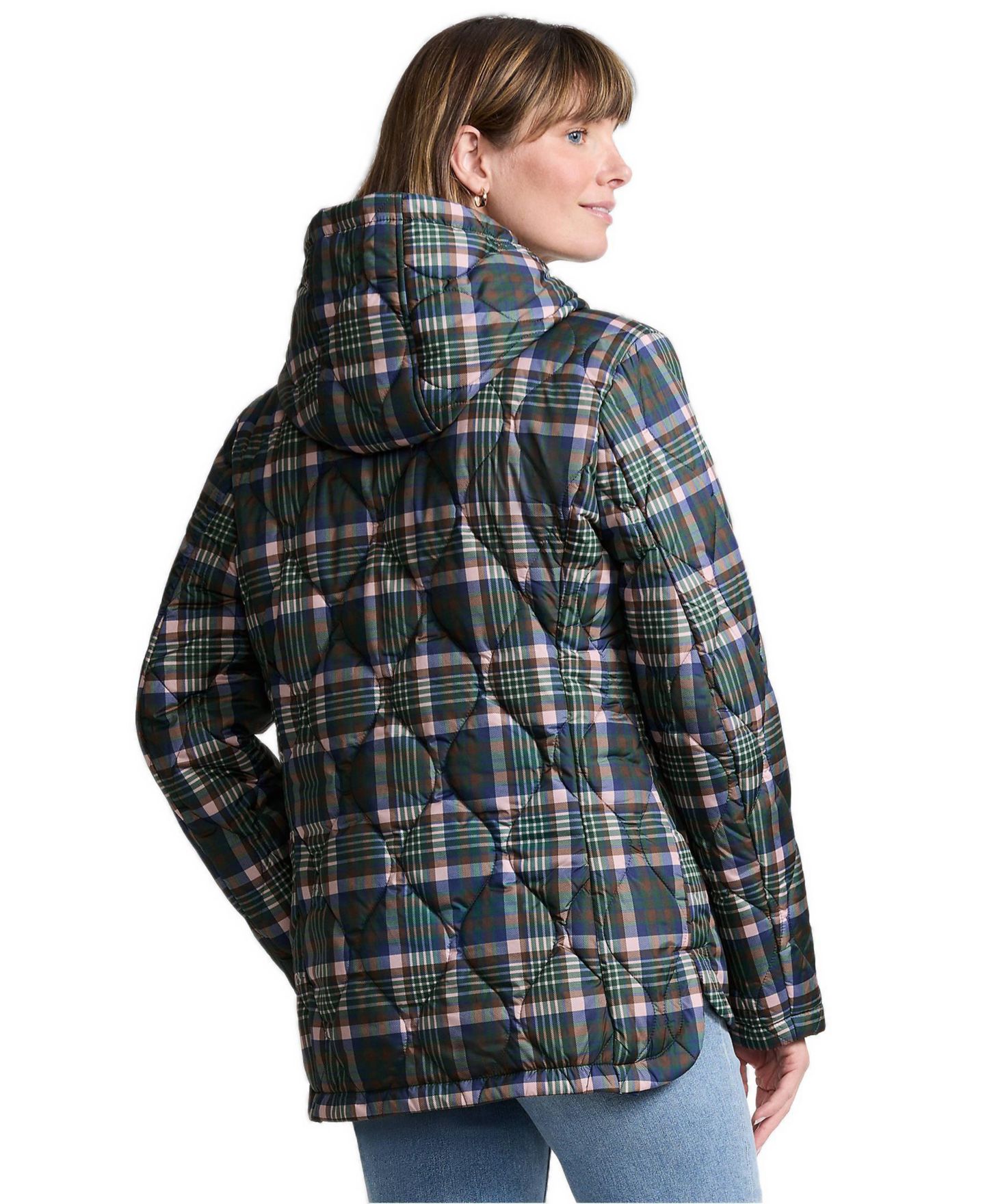 Женская куртка Lands' End Print FeatherFree Quilted Insulated, цвет: Орех / Сосновый клетчатый — фото 2