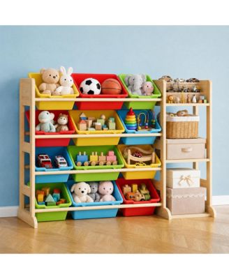 Kids Toy Storage Organizer 42" Wide Wood Cubby Bookshelf with 12 Bins and 3 Open Shelves for Playroom Nursery Bedroom