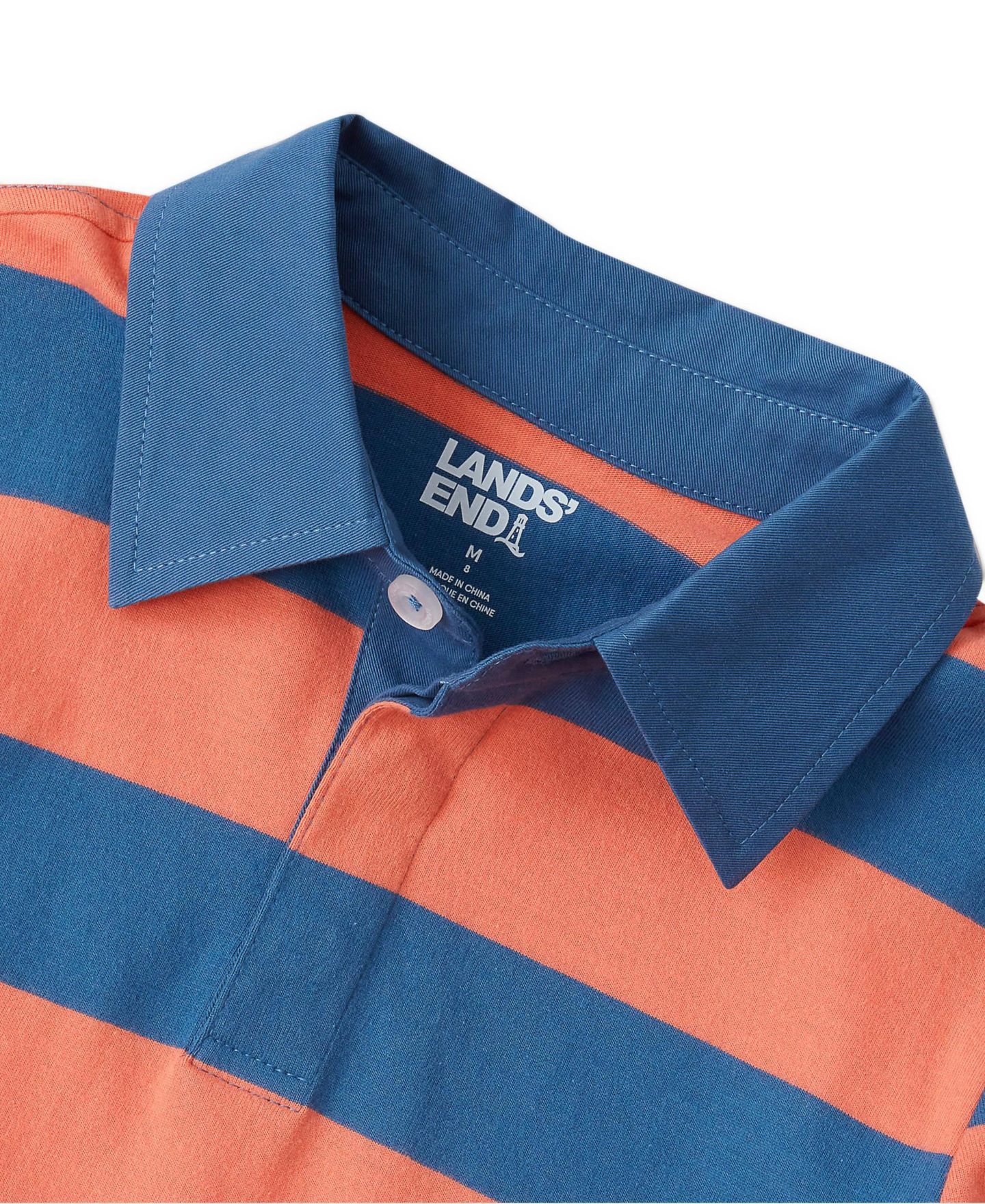 Рубашка Lands' End Husky Long Sleeve Collared Rugby для мальчиков, цвет: Оранжевый / Синий полосатый — фото 3