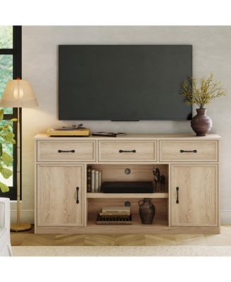 TV Stand for TVs Up to 65 in, Farmhouse TV Console with 3 Drawers, 2-Door Cabinets, Adjustable Shelves and Open Storage, Natural