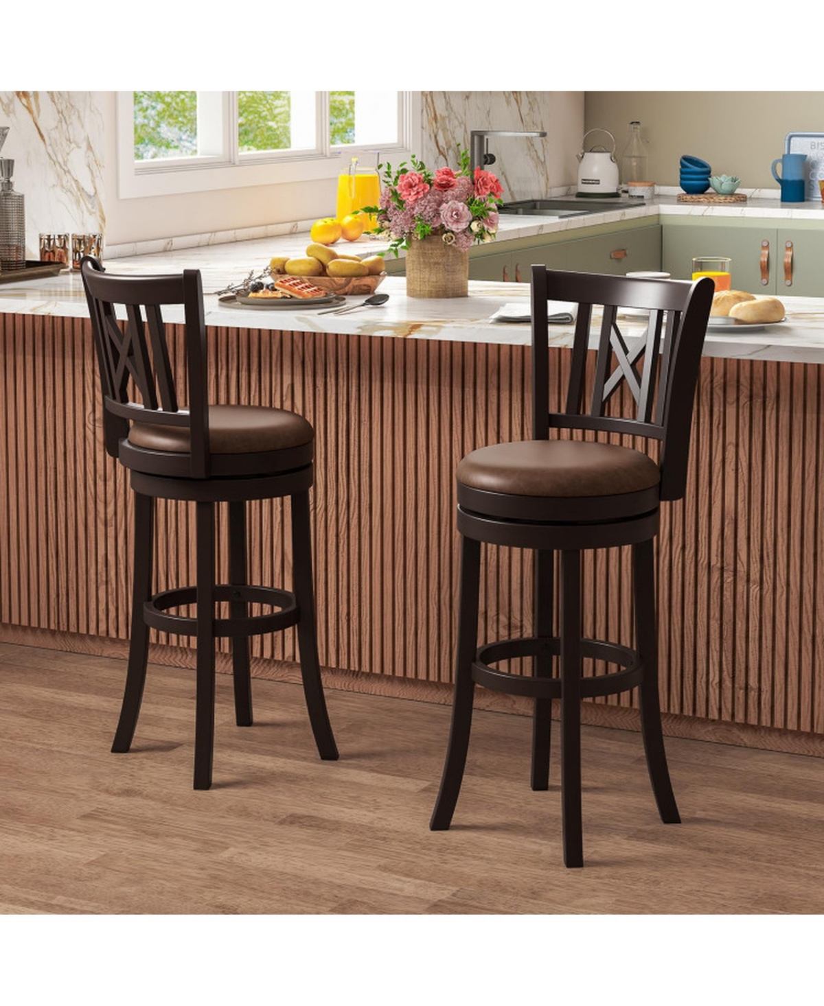 Sugift Set of 2 30 Inch Swivel Bar Stools with Hollowed Backrest and Footrest