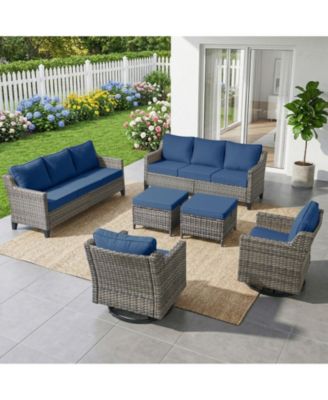 6pcs Patio Furniture Set Swivel Rocker Patio Chairs,PE Wicker Outdoor Sofa Set of 2 with Ottomans and Thick Cushion