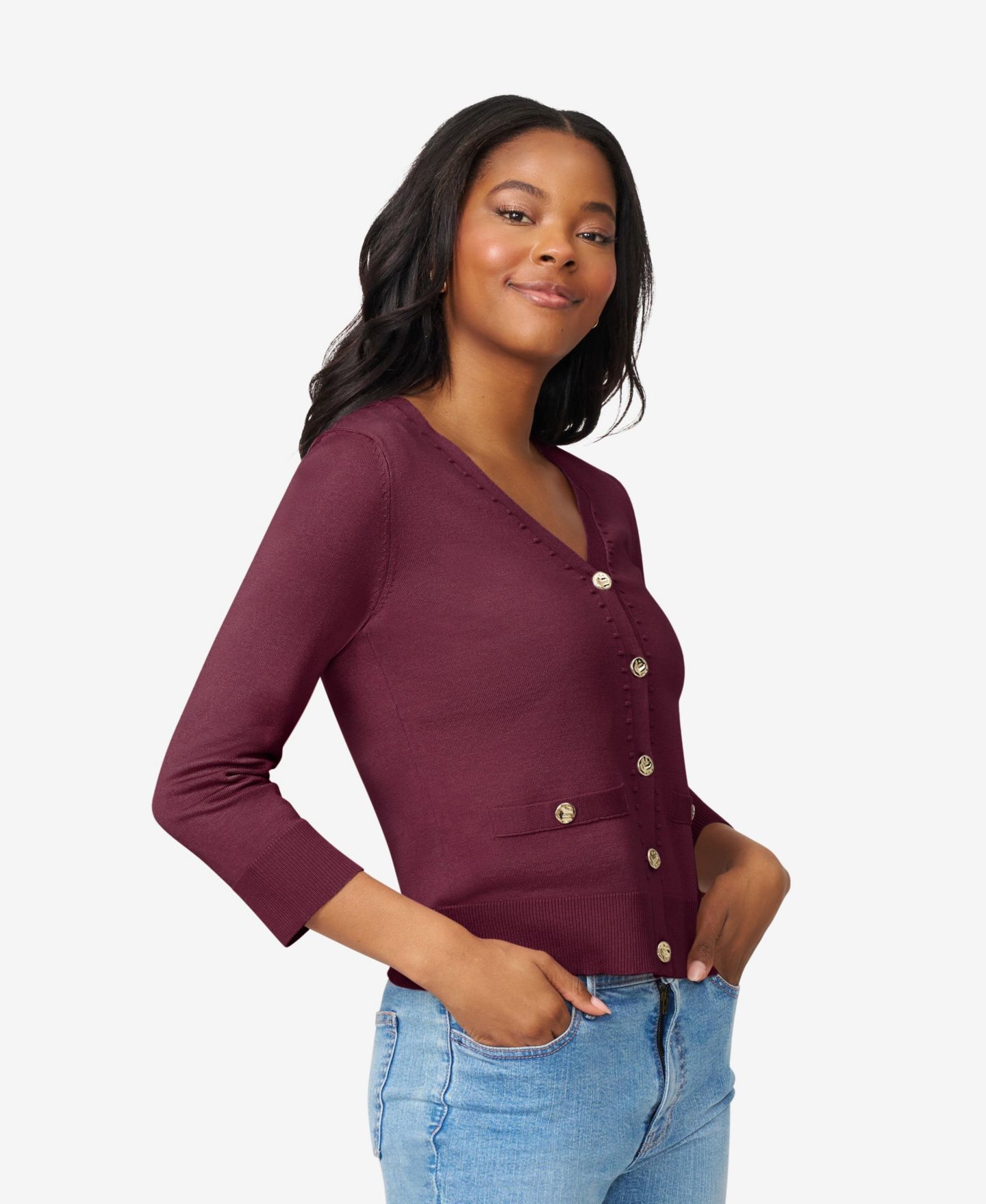 Женский кардиган Melissa Paige Petite V-Neck 3/4-Sleeve, цвет: Каберне красный — фото 6