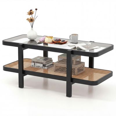 2-Tier Coffee Table with Tempered Glass Top and Rattan Storage Shelf