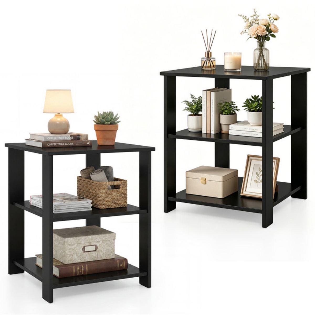 Sugift 3-Tier Square Side Tables Set of 2 with Open Storage Shelves Modern Compact
