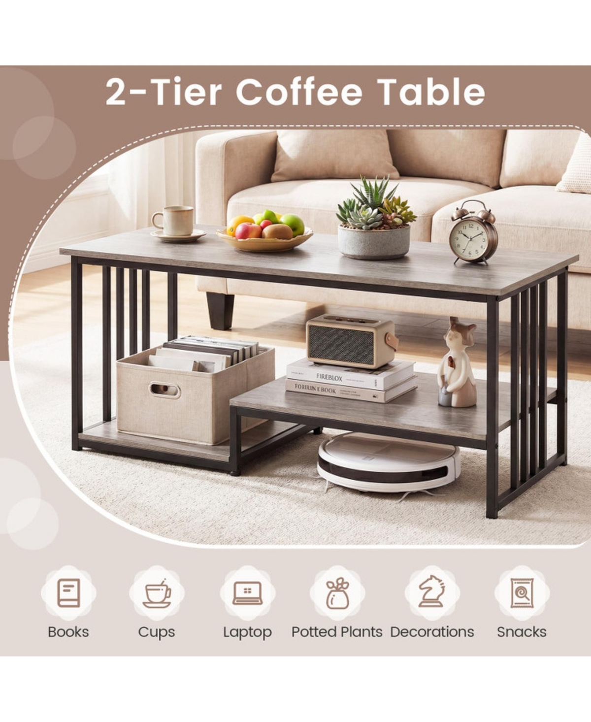 Sugift 43.5 Inch Industrial Coffee Table with 2-Tier Open Storage Shelf