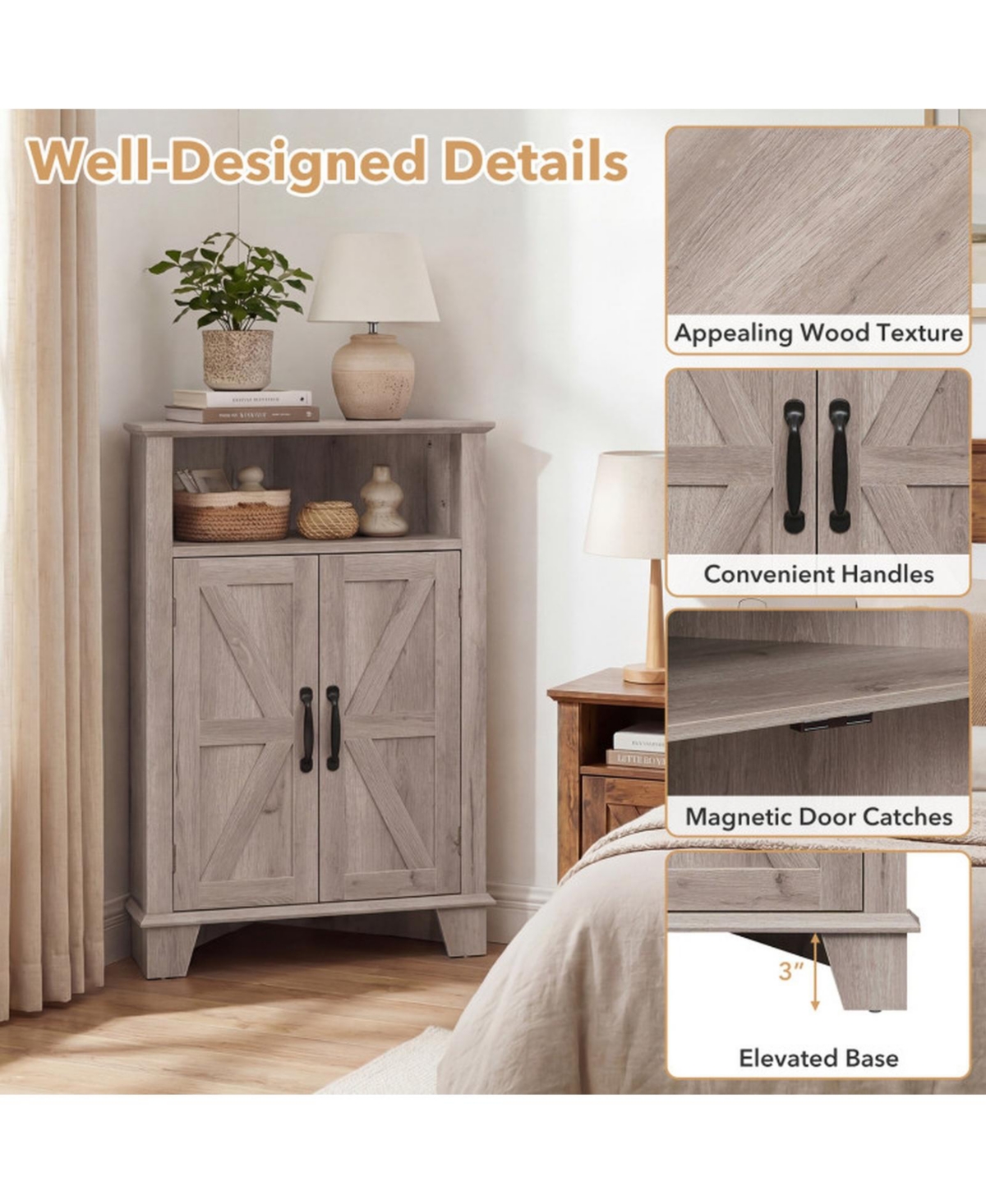 Sugift 4-Tier Corner Storage Cabinet with Open Shelf and 3-Level Adjustable Shelves