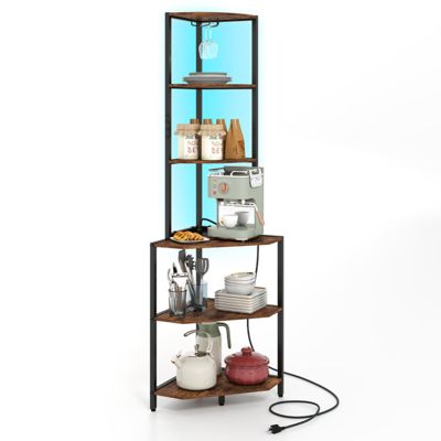 65 Inch 6-Tier Corner Shelf with Charging Station Ambience Light and Stemware Rack