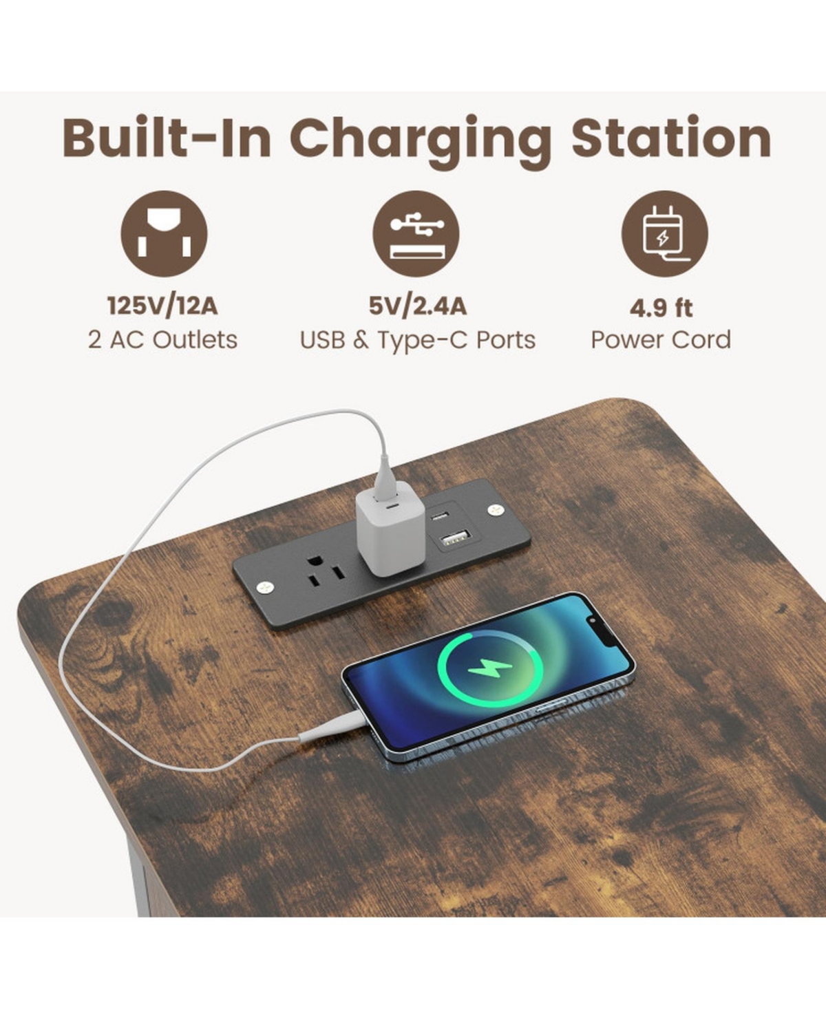 Sugift End Table with Charging Station Flip Top Hidden Compartment and Bottom Wire Shelf