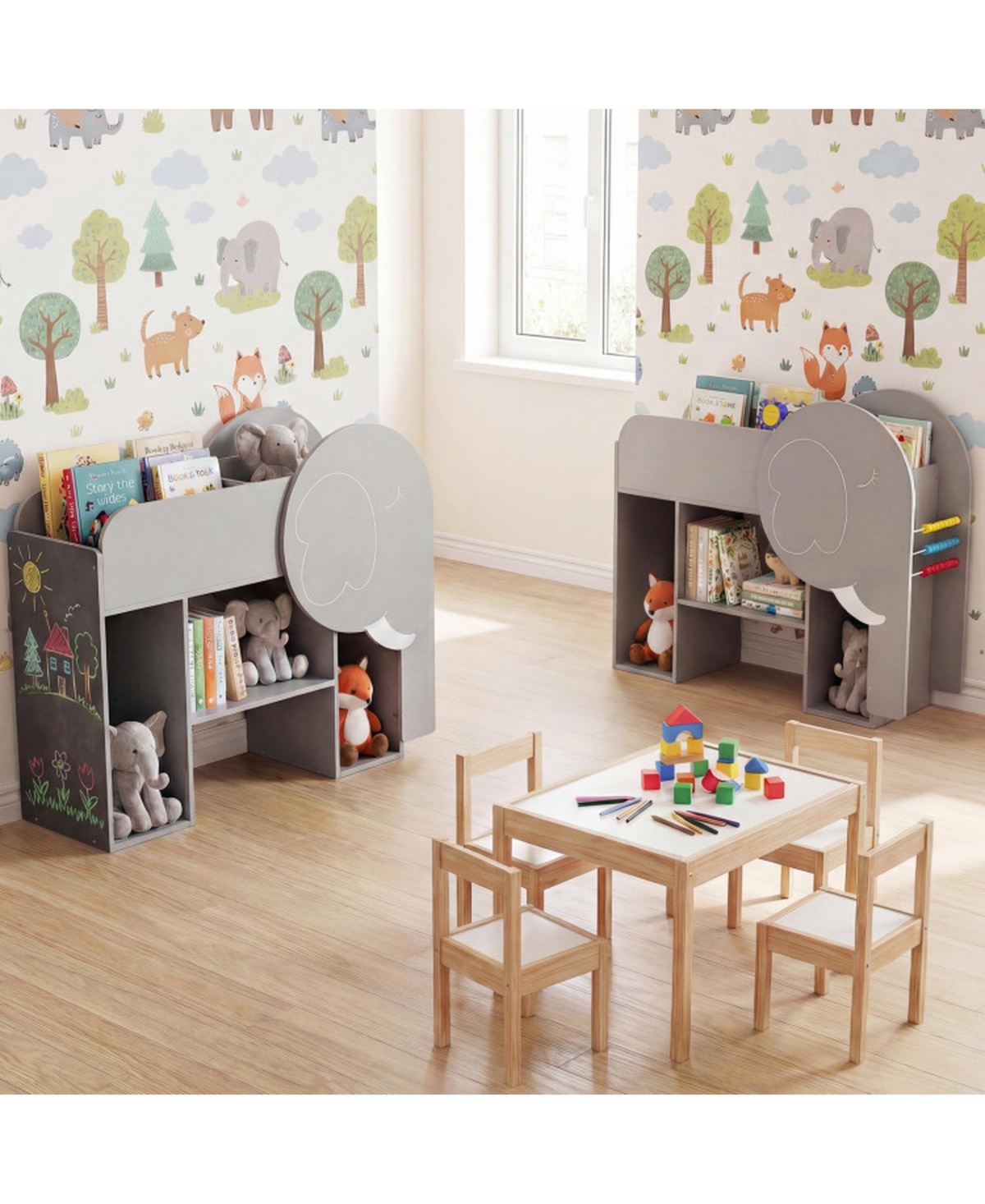 Sugift Montessori Kids Bookshelf 3-Tier Elephant Shaped Toddler Storage Organizer with Abacus and Chalkboard