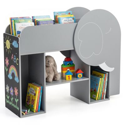 Montessori Kids Bookshelf 3-Tier Elephant Shaped Toddler Storage Organizer with Abacus and Chalkboard