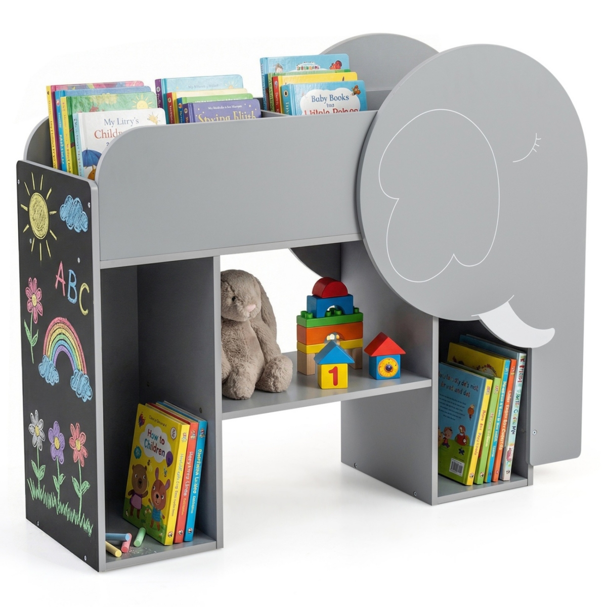 Sugift Montessori Kids Bookshelf 3-Tier Elephant Shaped Toddler Storage Organizer with Abacus and Chalkboard
