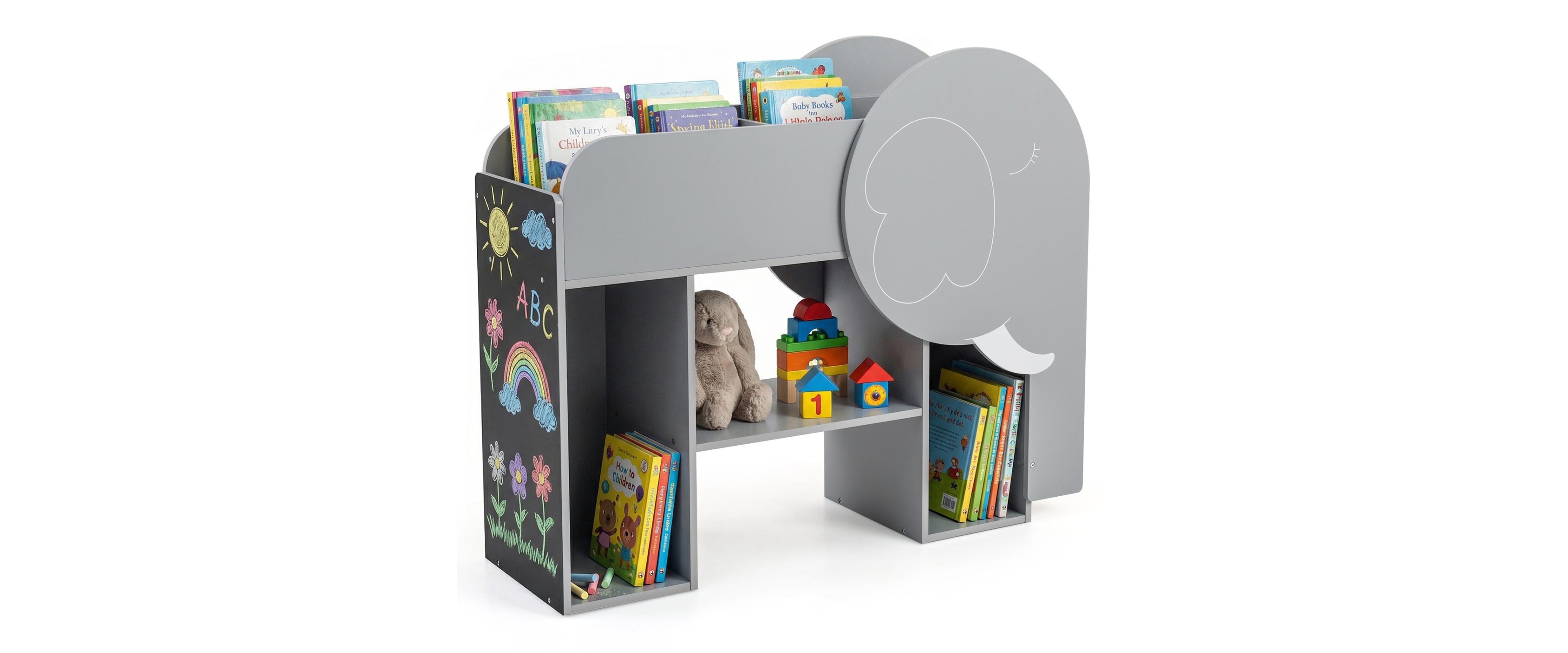 Sugift Montessori Kids Bookshelf 3-Tier Elephant Shaped Toddler Storage Organizer with Abacus and Chalkboard