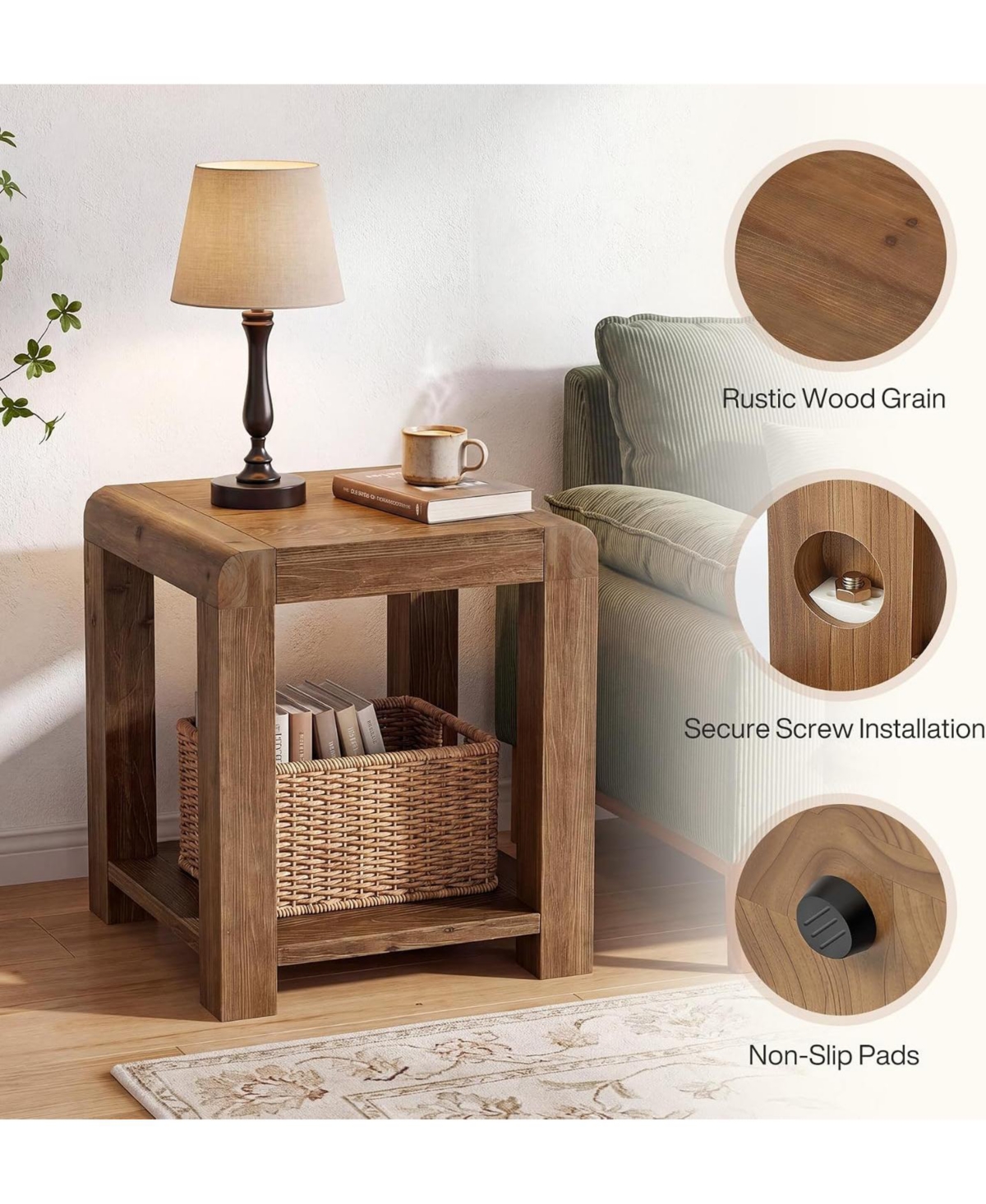 Tribesigns 19.7" Solid Wood Square End Table, 2-Tier Farmhouse