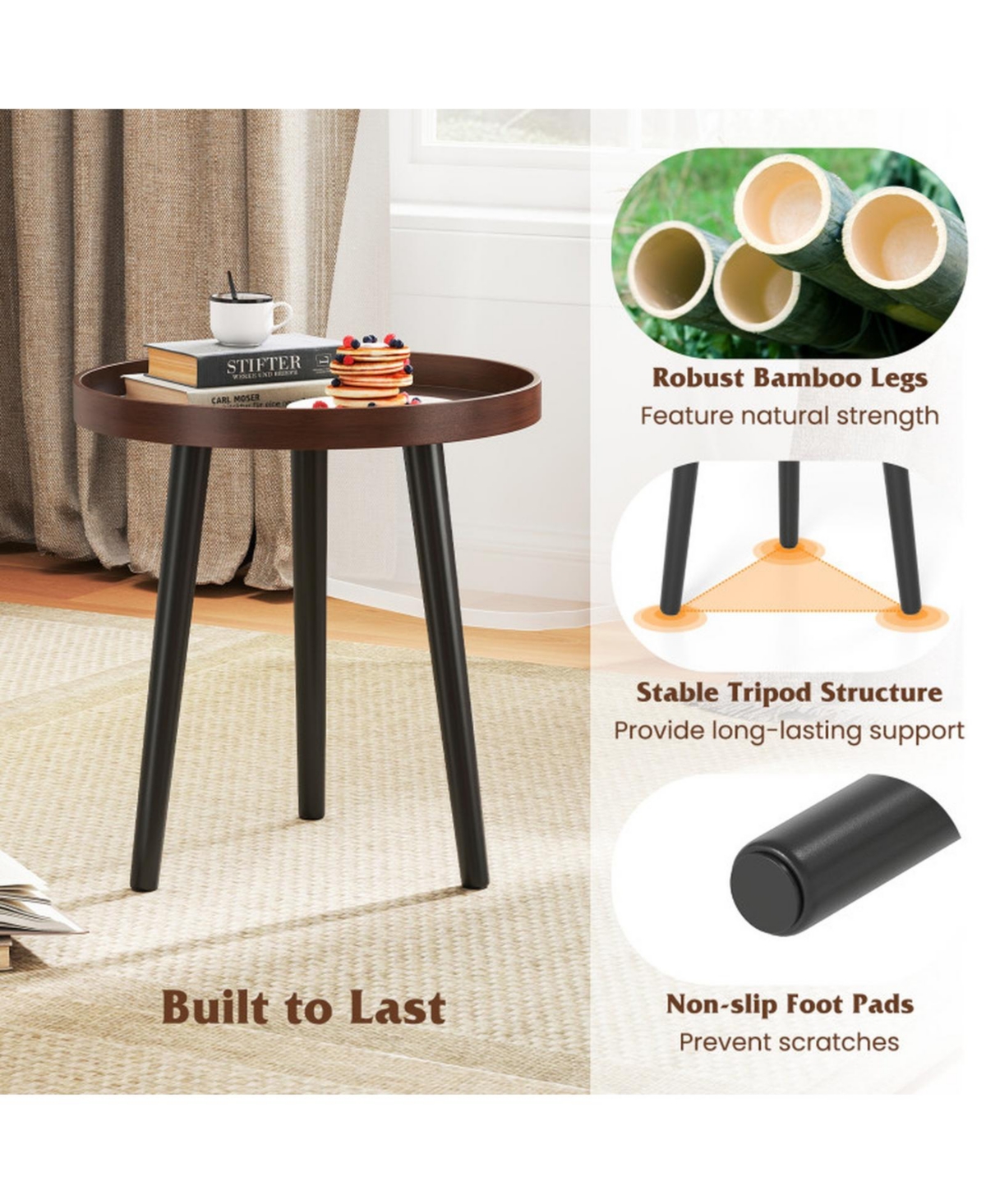 Sugift Mid-Century Round Side Table with Removable Wooden Tray Top and Bamboo Legs